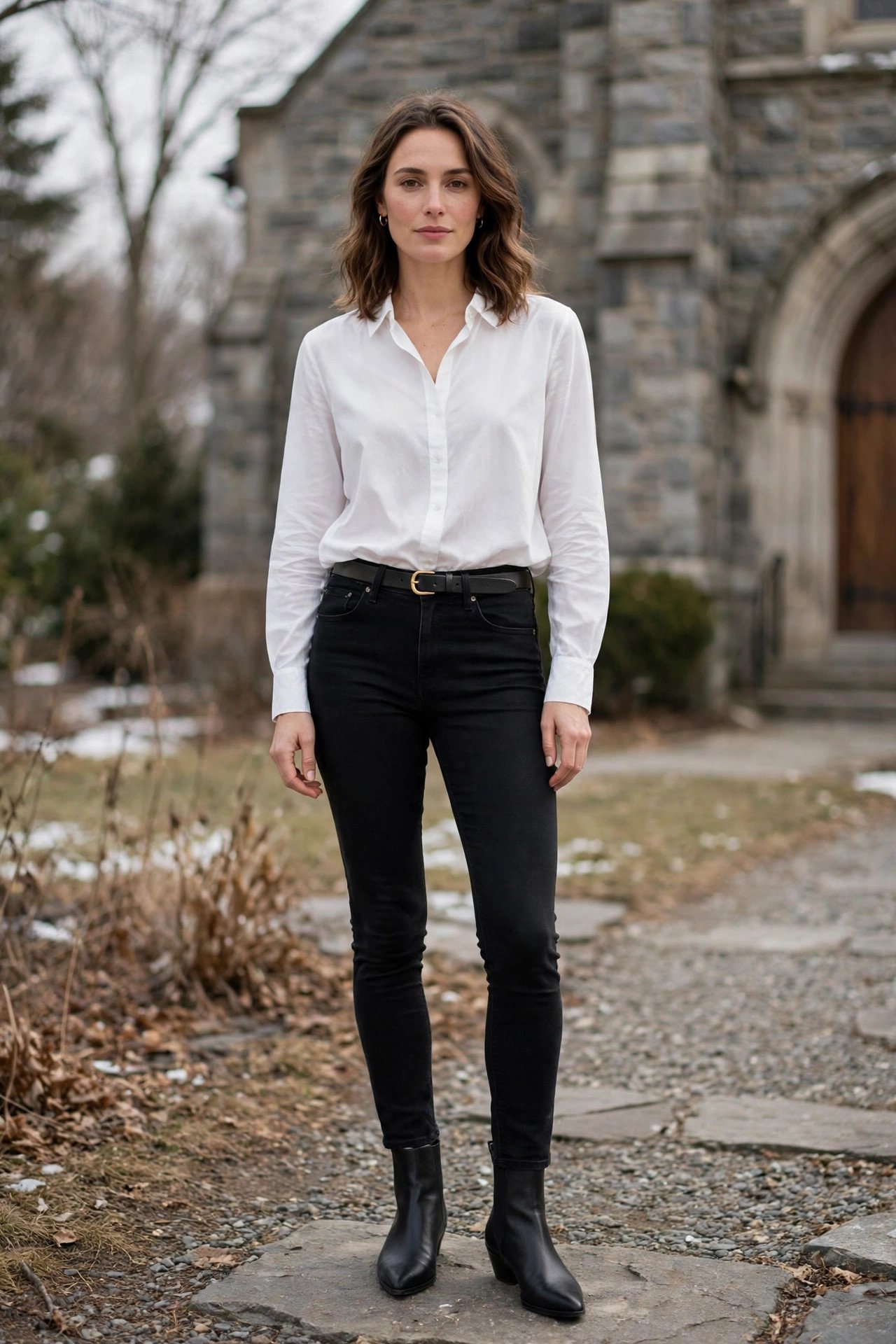 Black jeans with white blouse and black blazer