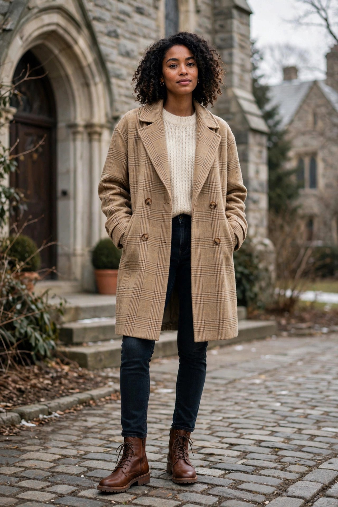 Plaid coat with cream sweater and jeans