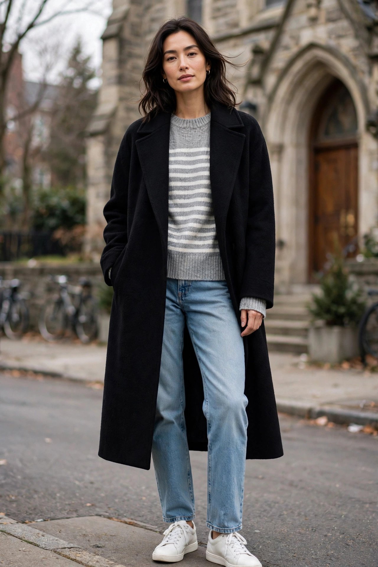 Long wool coat with black jeans and striped sweater