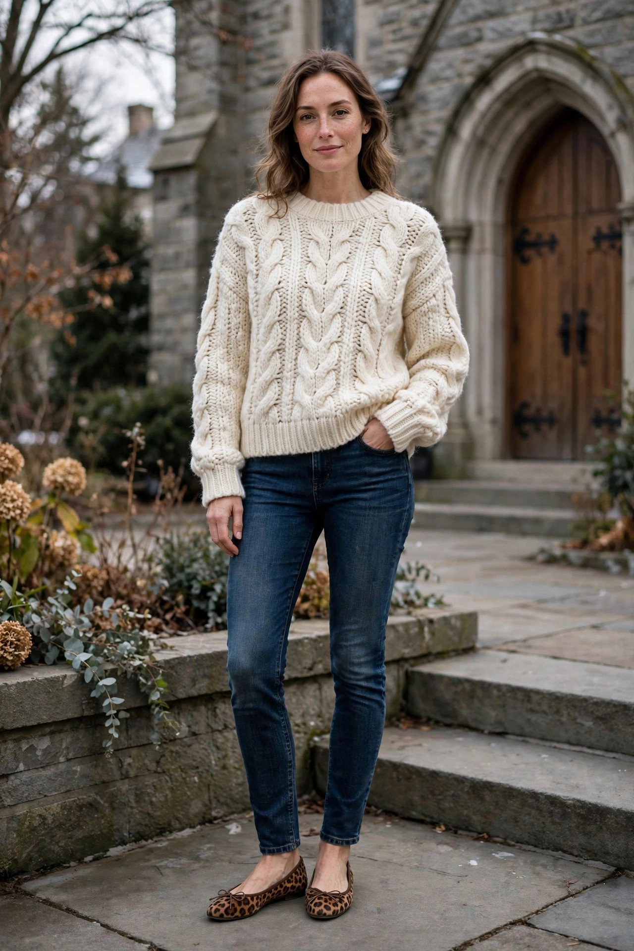 Cream knit sweater with dark jeans and leopard flats