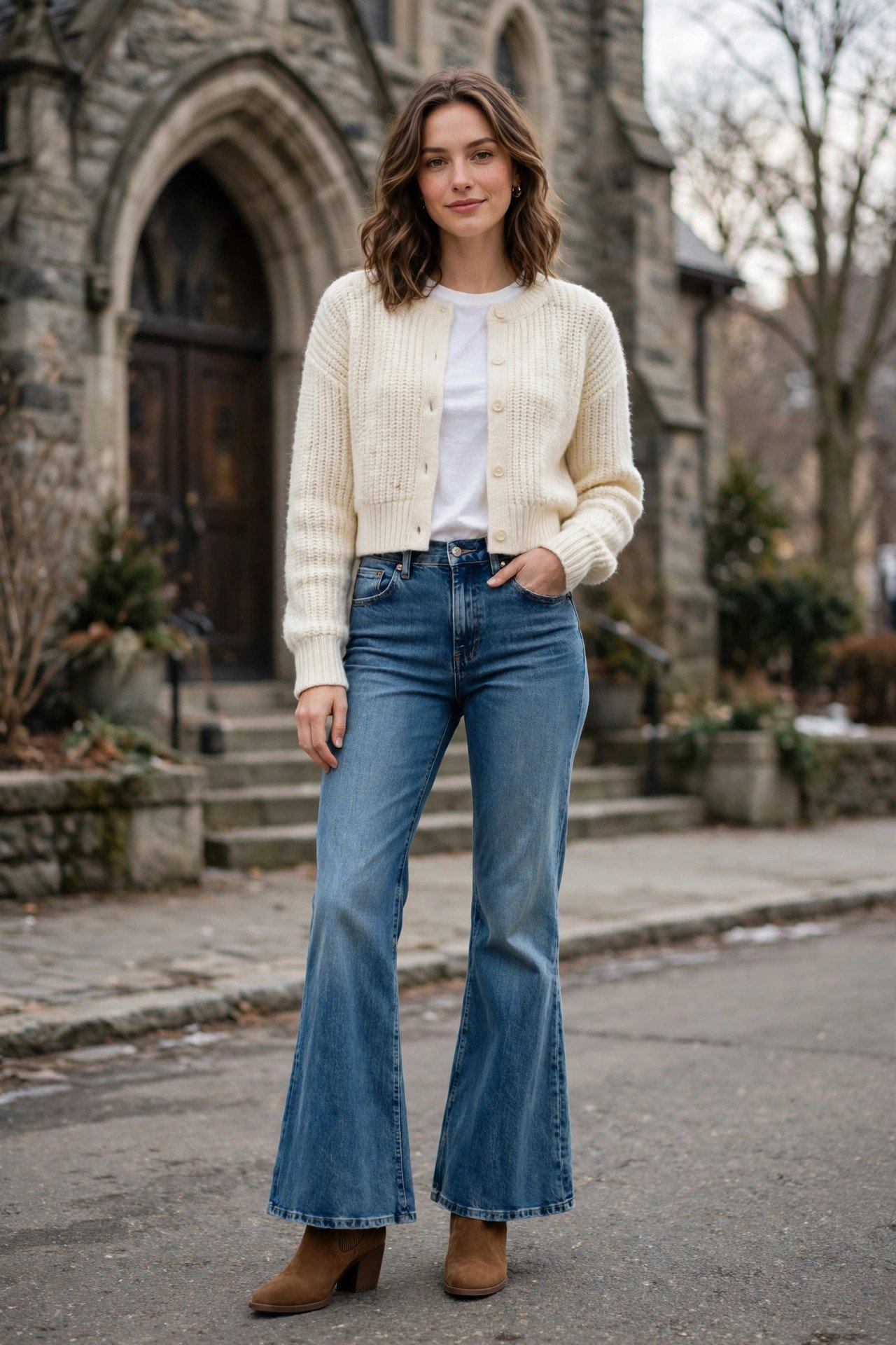 Flared jeans with cropped cardigan and ankle boots
