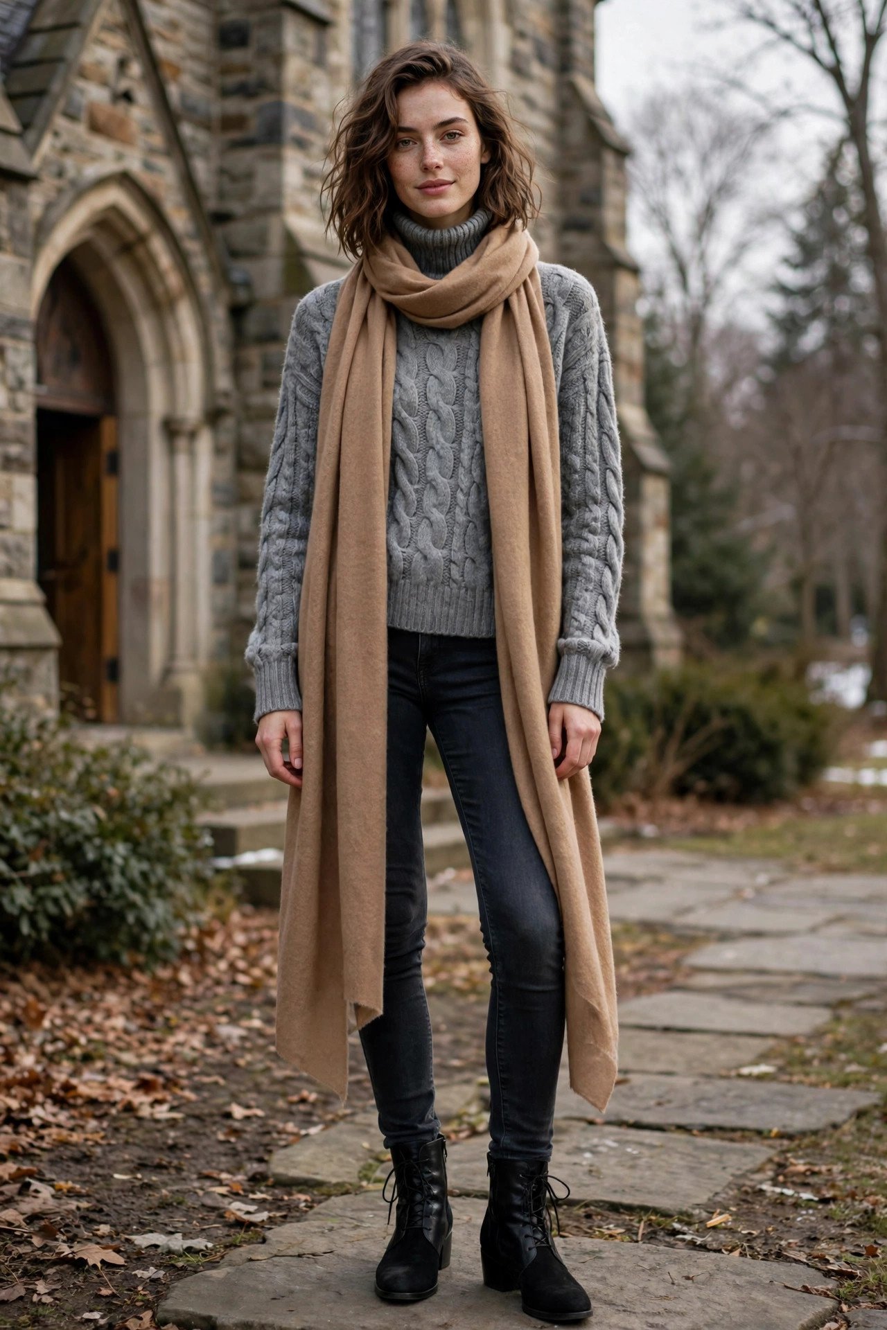 Cable-knit turtleneck with dark jeans and camel scarf
