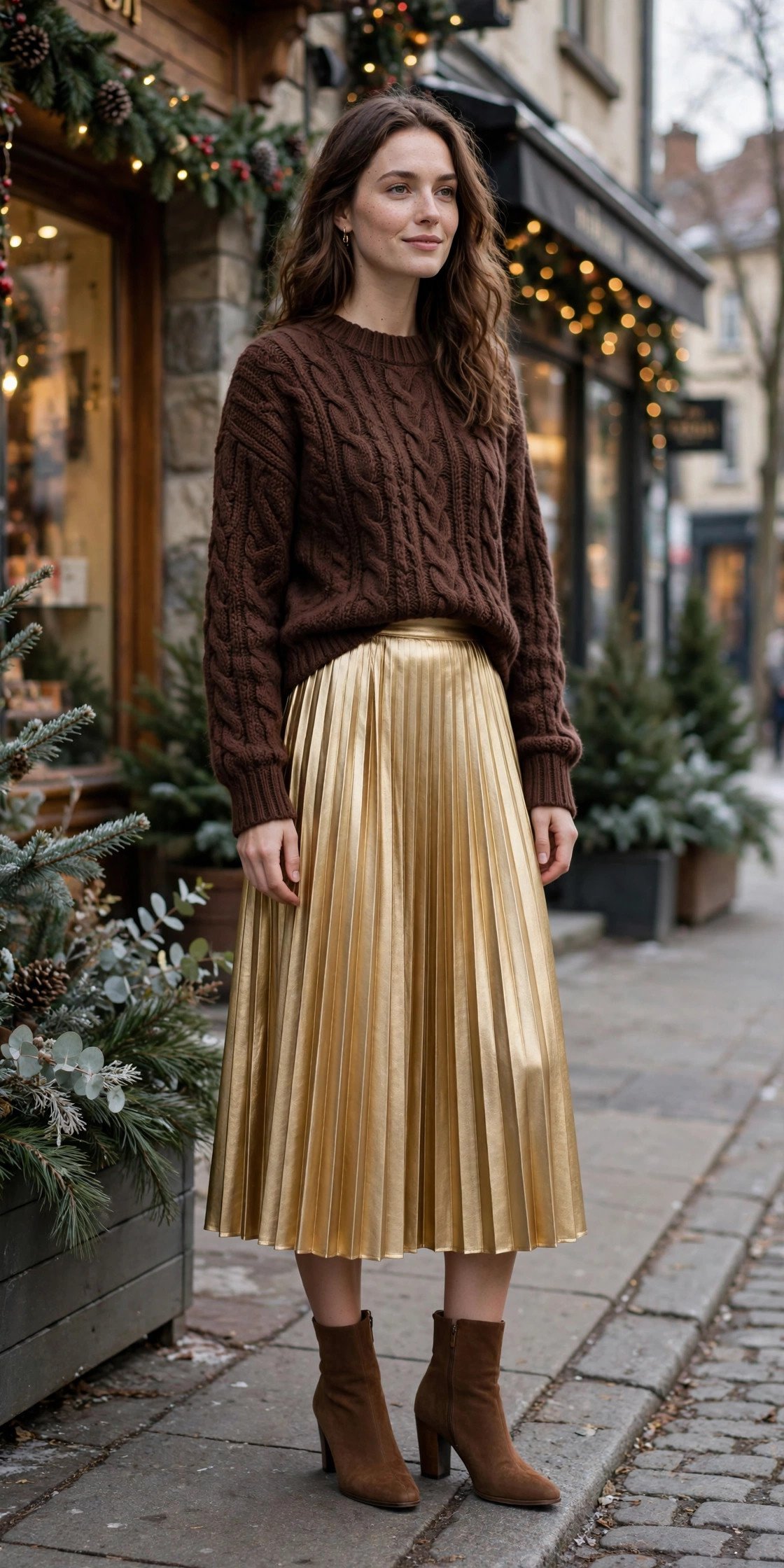 Chocolate brown sweater with pleated gold midi skirt