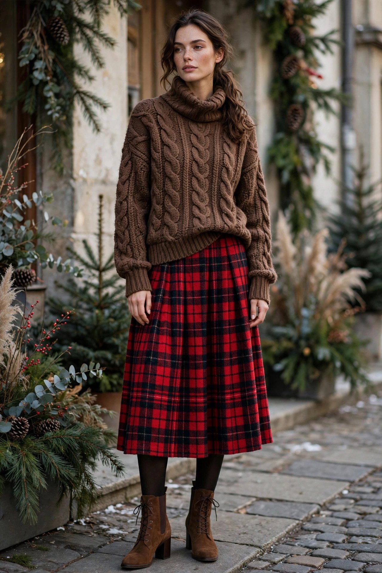 Brown knit sweater with red plaid skirt