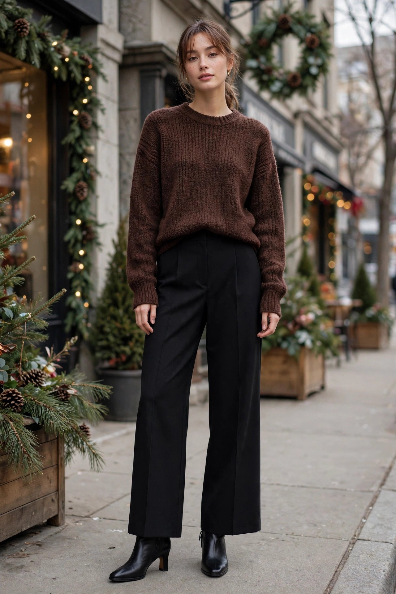 Chocolate crewneck sweater with black tailored trousers