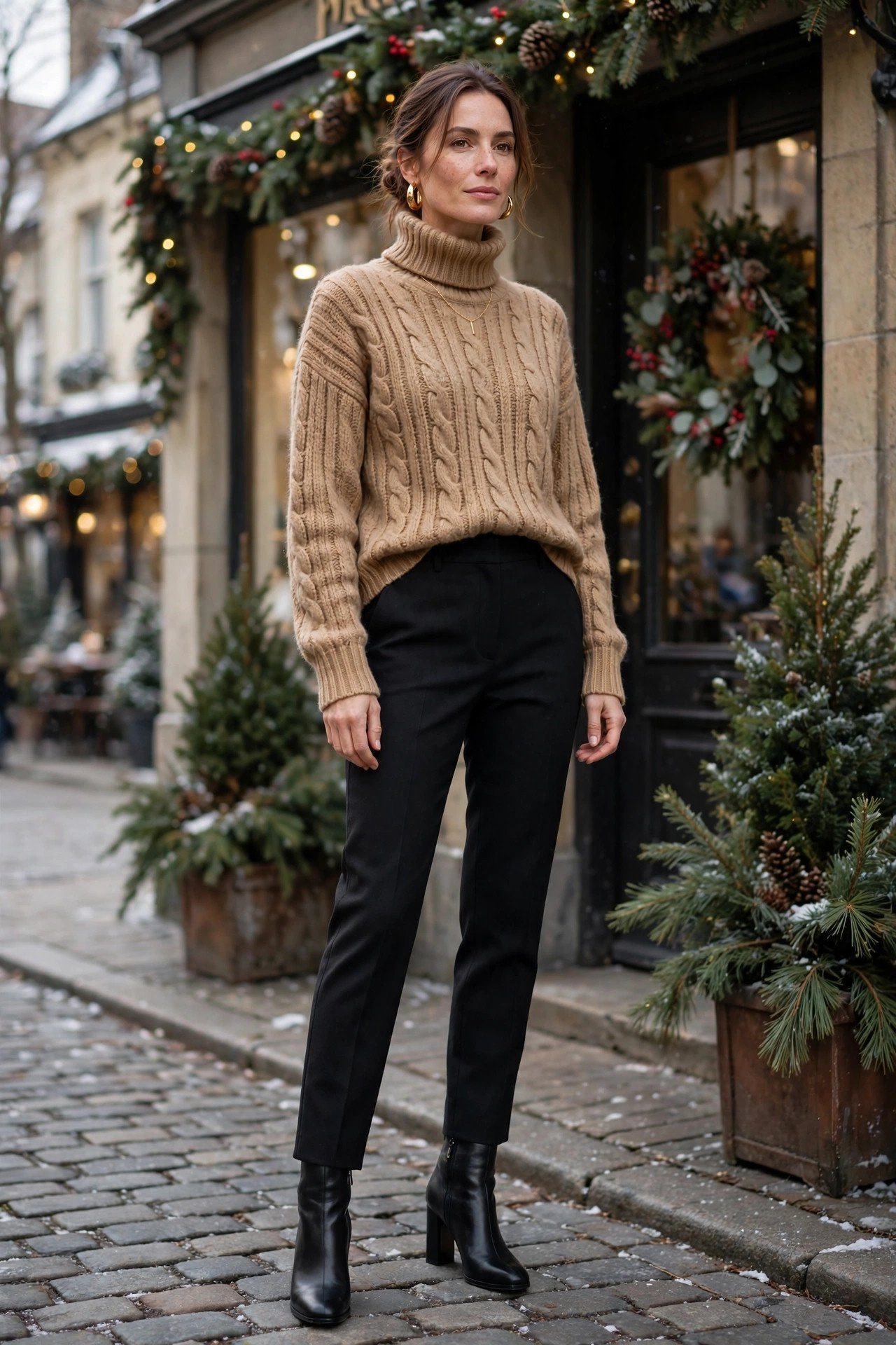 Tan turtleneck with gold jewelry and black trousers