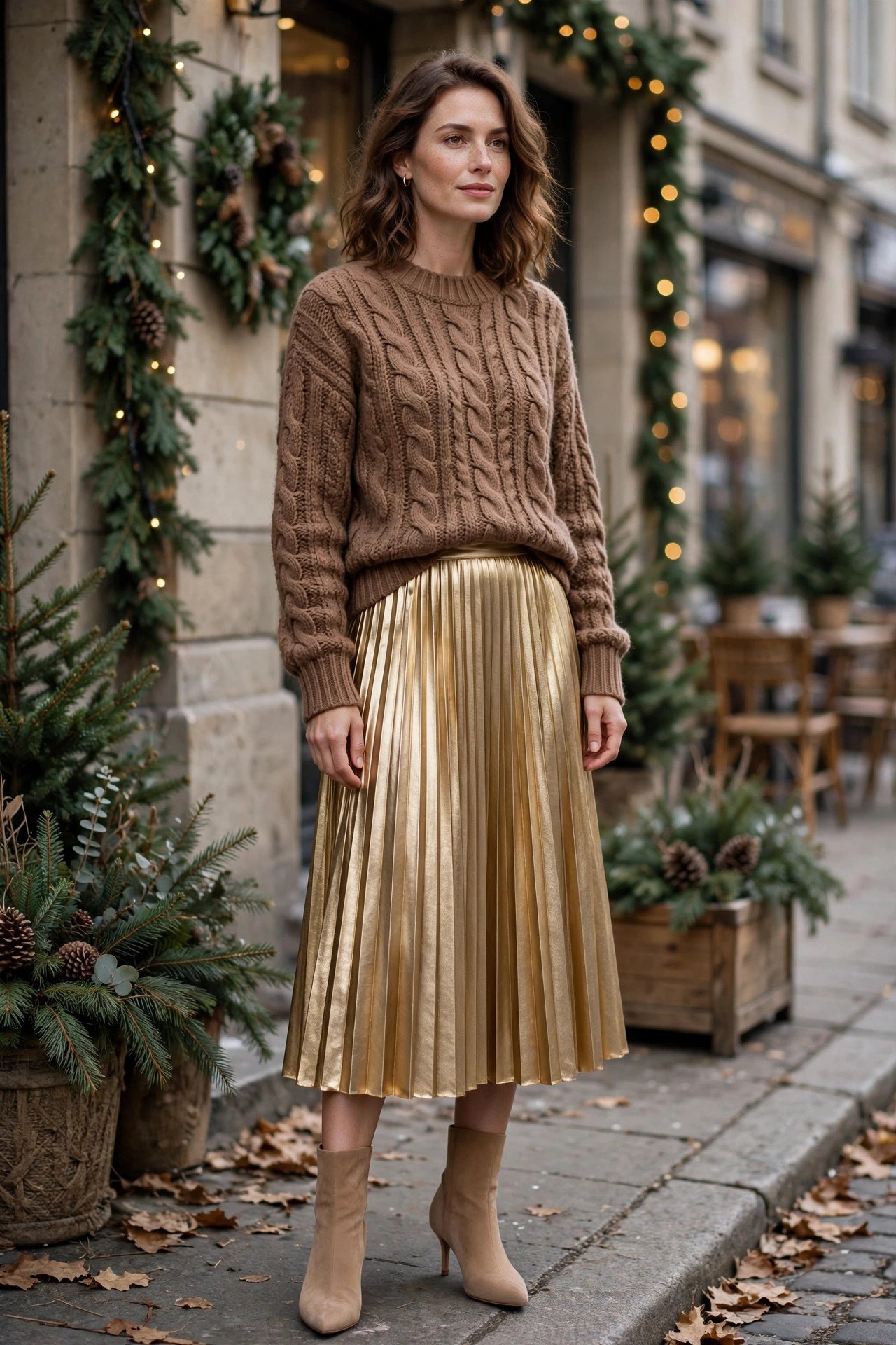 Mocha sweater with metallic pleated skirt