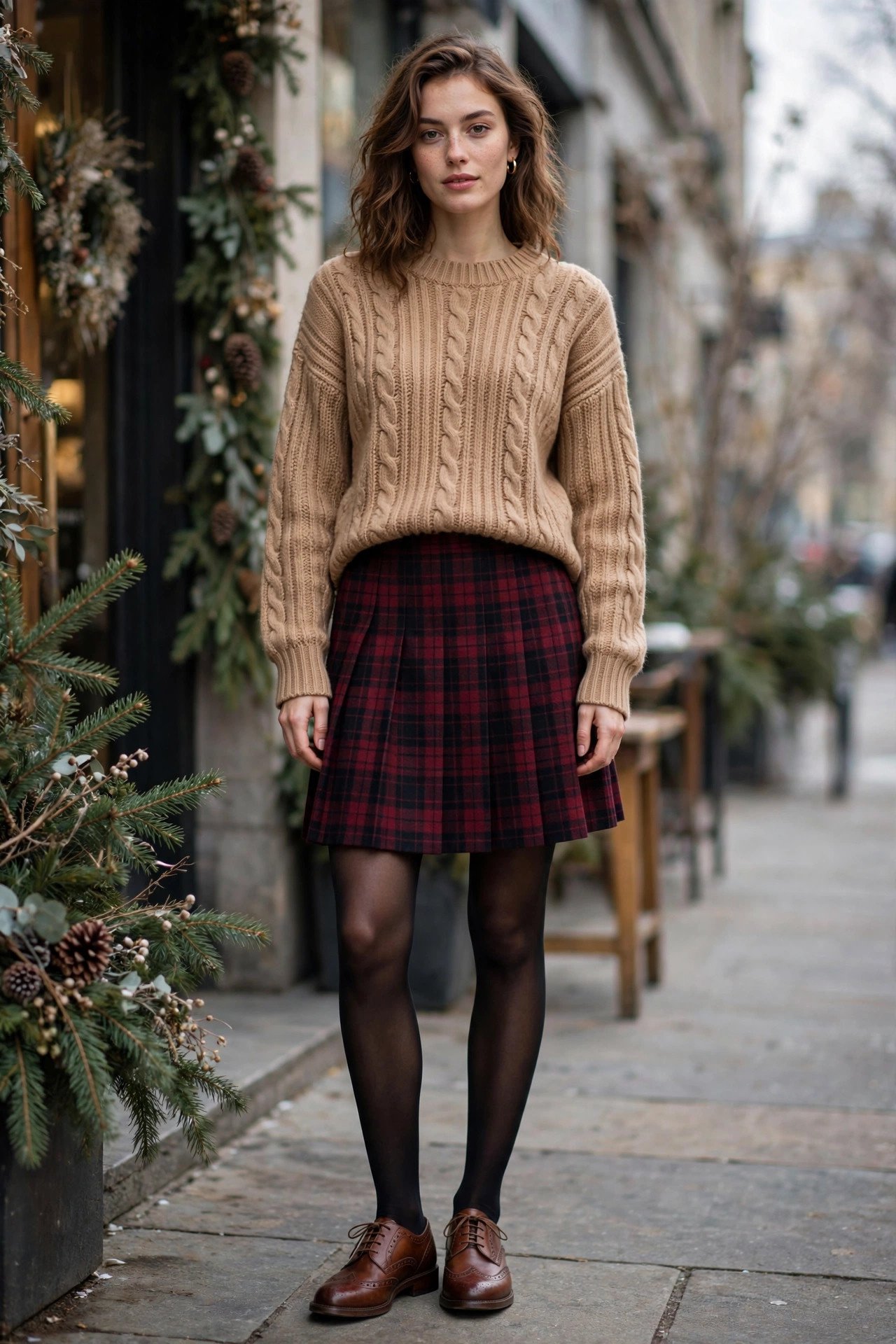 Camel sweater with tartan skirt and brogues