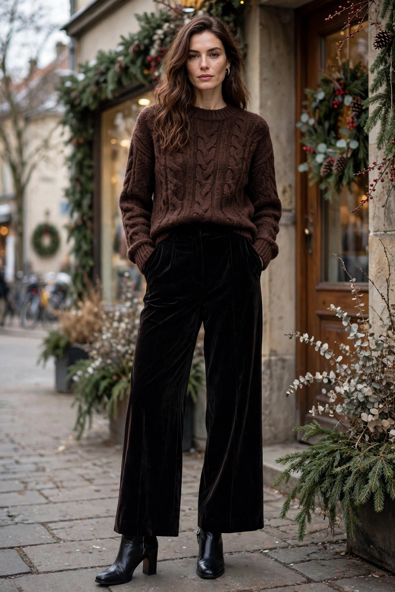 Chocolate sweater with black velvet wide-leg pants