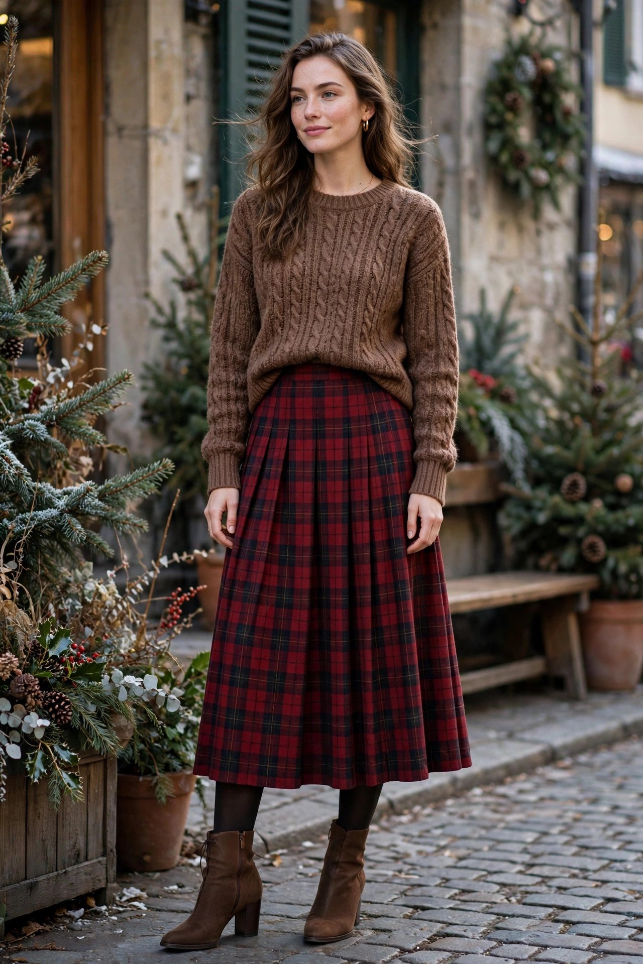 Brown sweater with wine plaid midi skirt