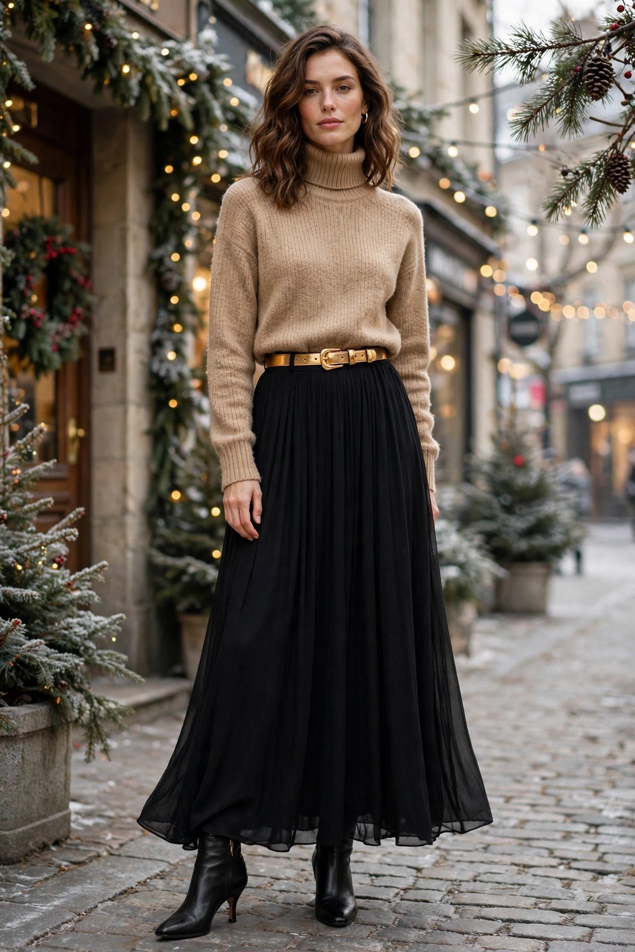 Tan turtleneck with long black skirt and gold belt