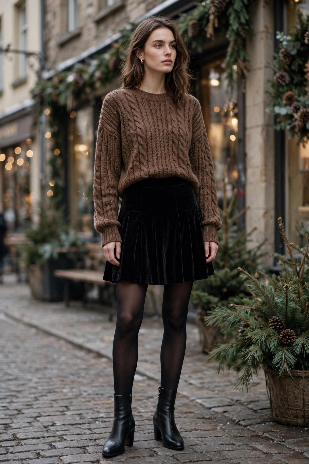 Brown knit sweater with velvet skater skirt
