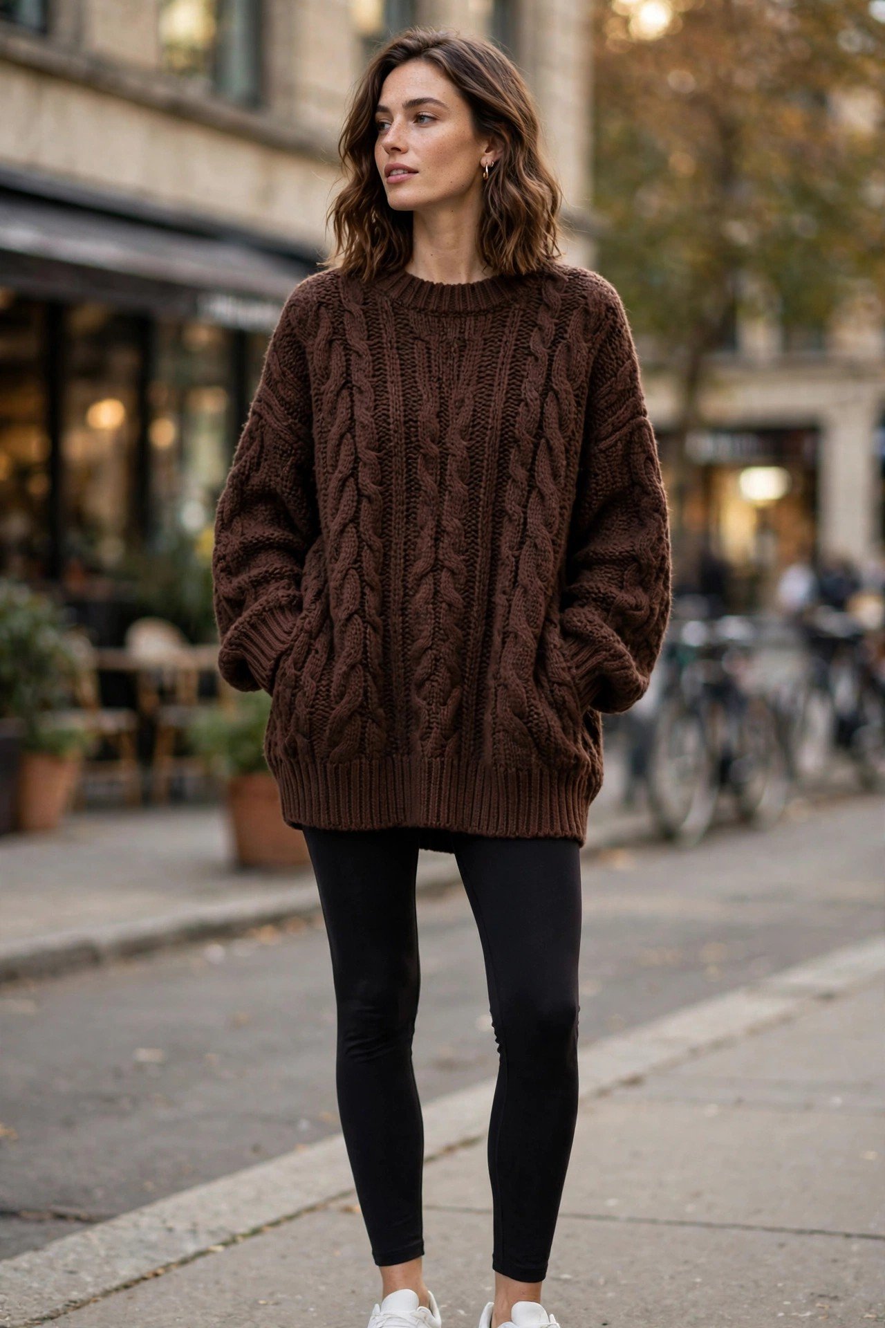 Oversized brown sweater with black leggings and sneakers