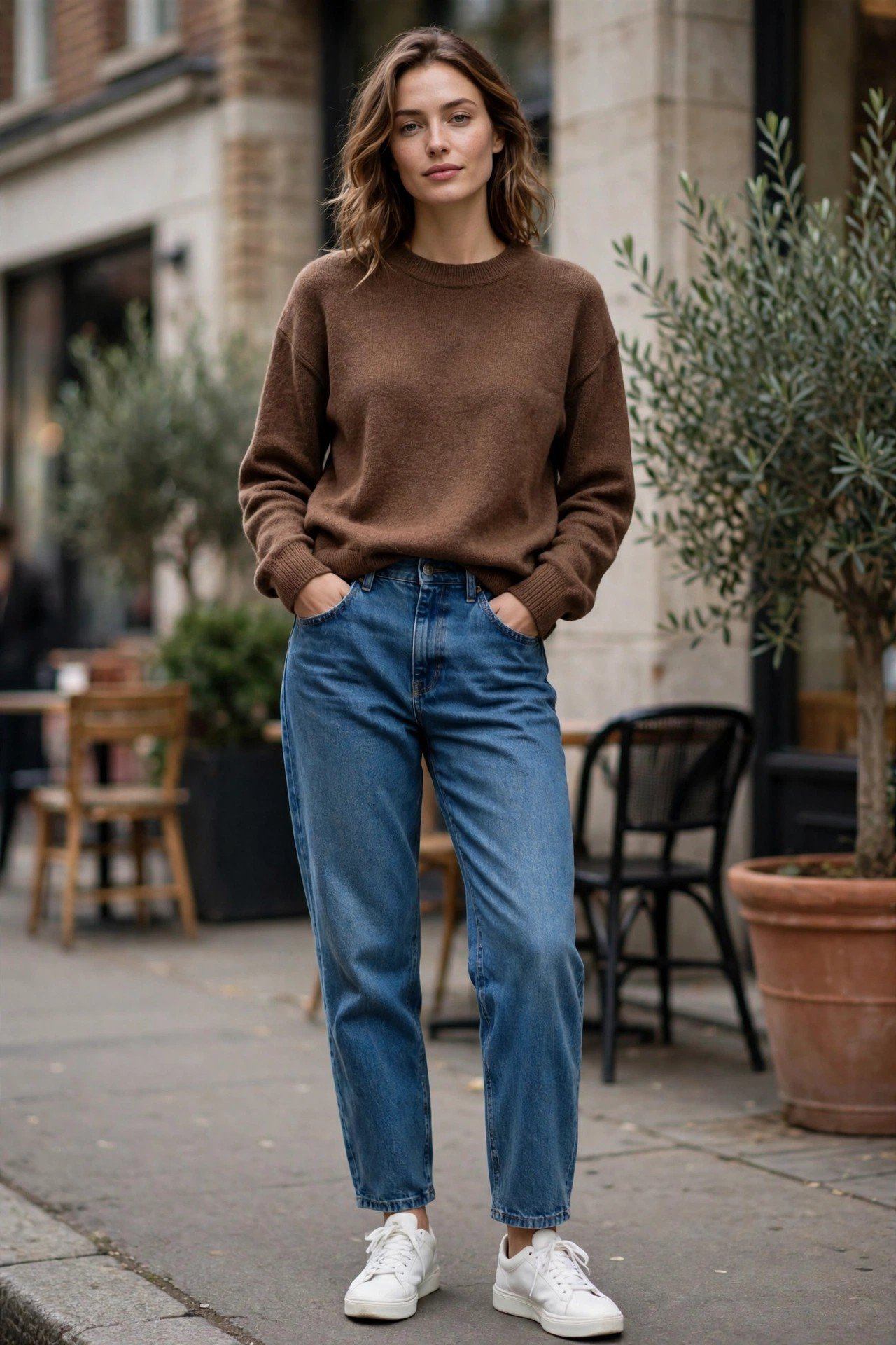 Brown crewneck sweater with mom jeans and white sneakers