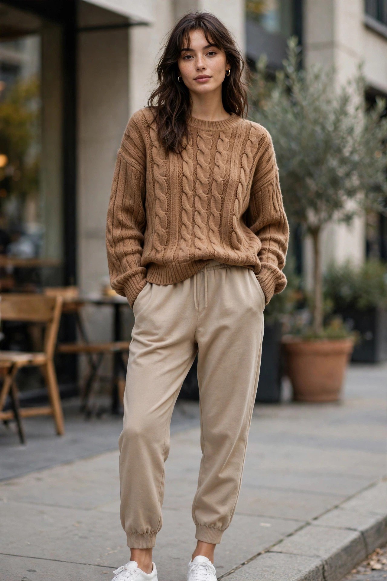 Camel sweater with beige joggers