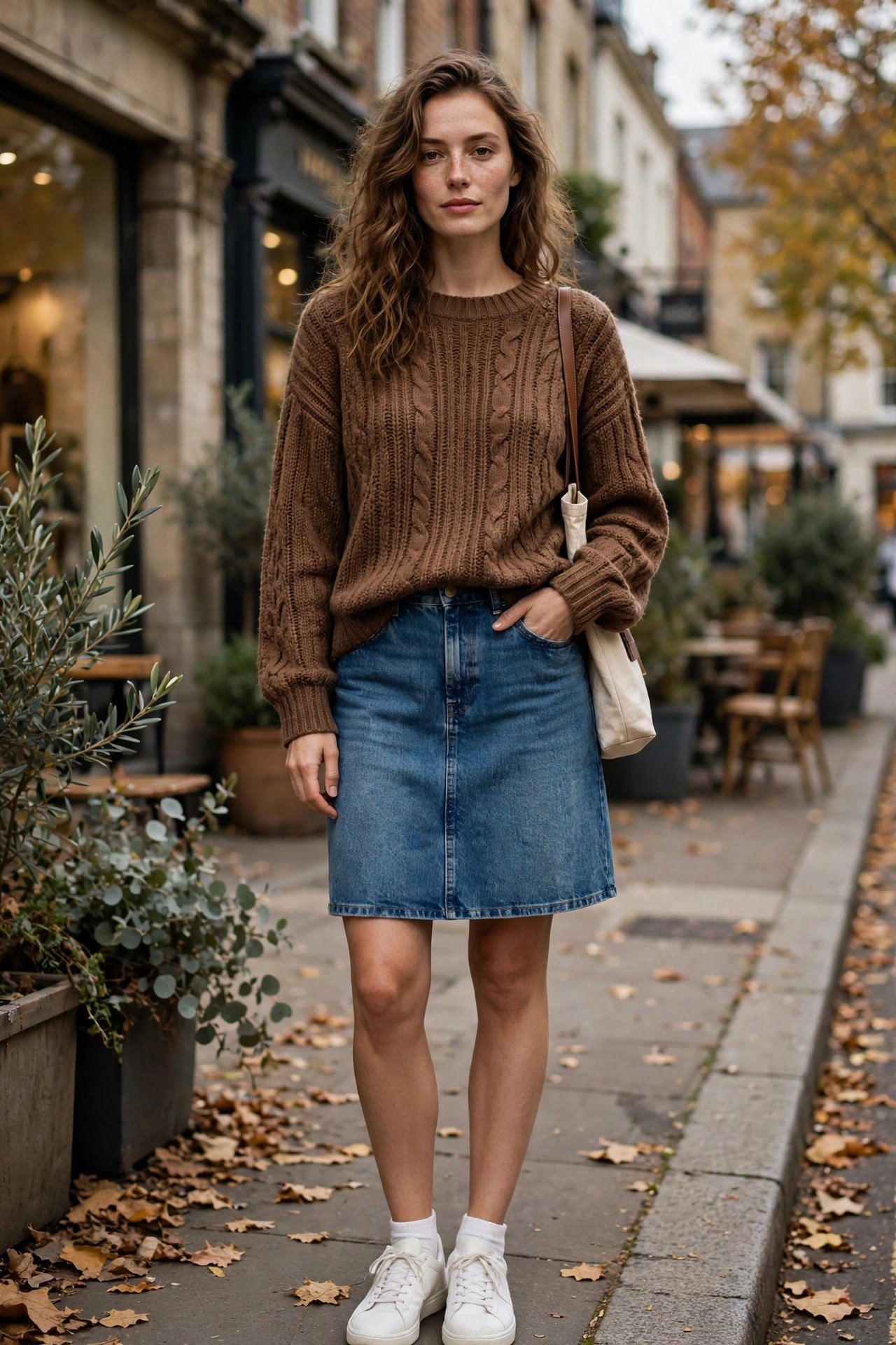 Brown knit sweater with denim skirt and ankle boots