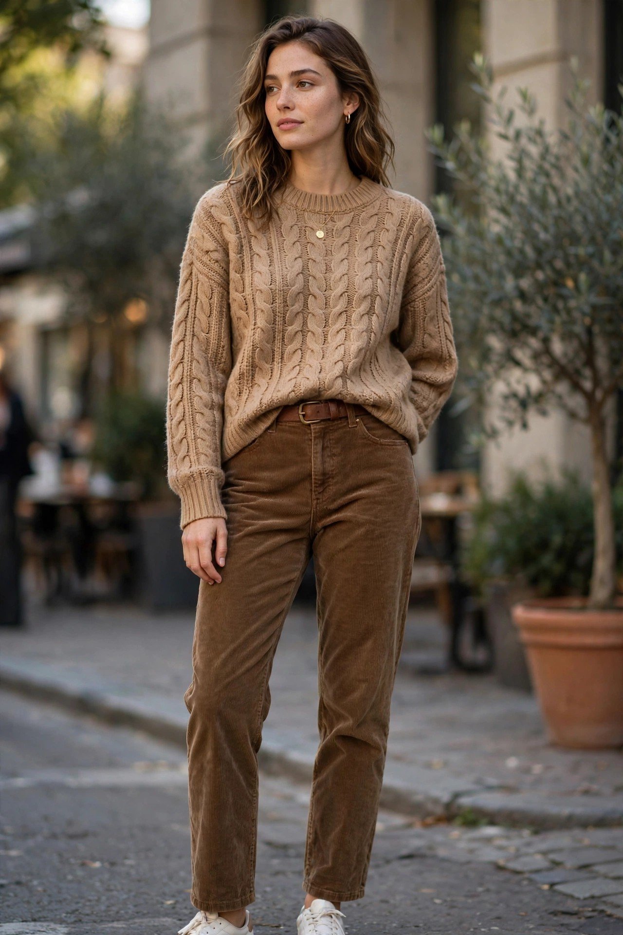Tan sweater with corduroy pants and suede boots