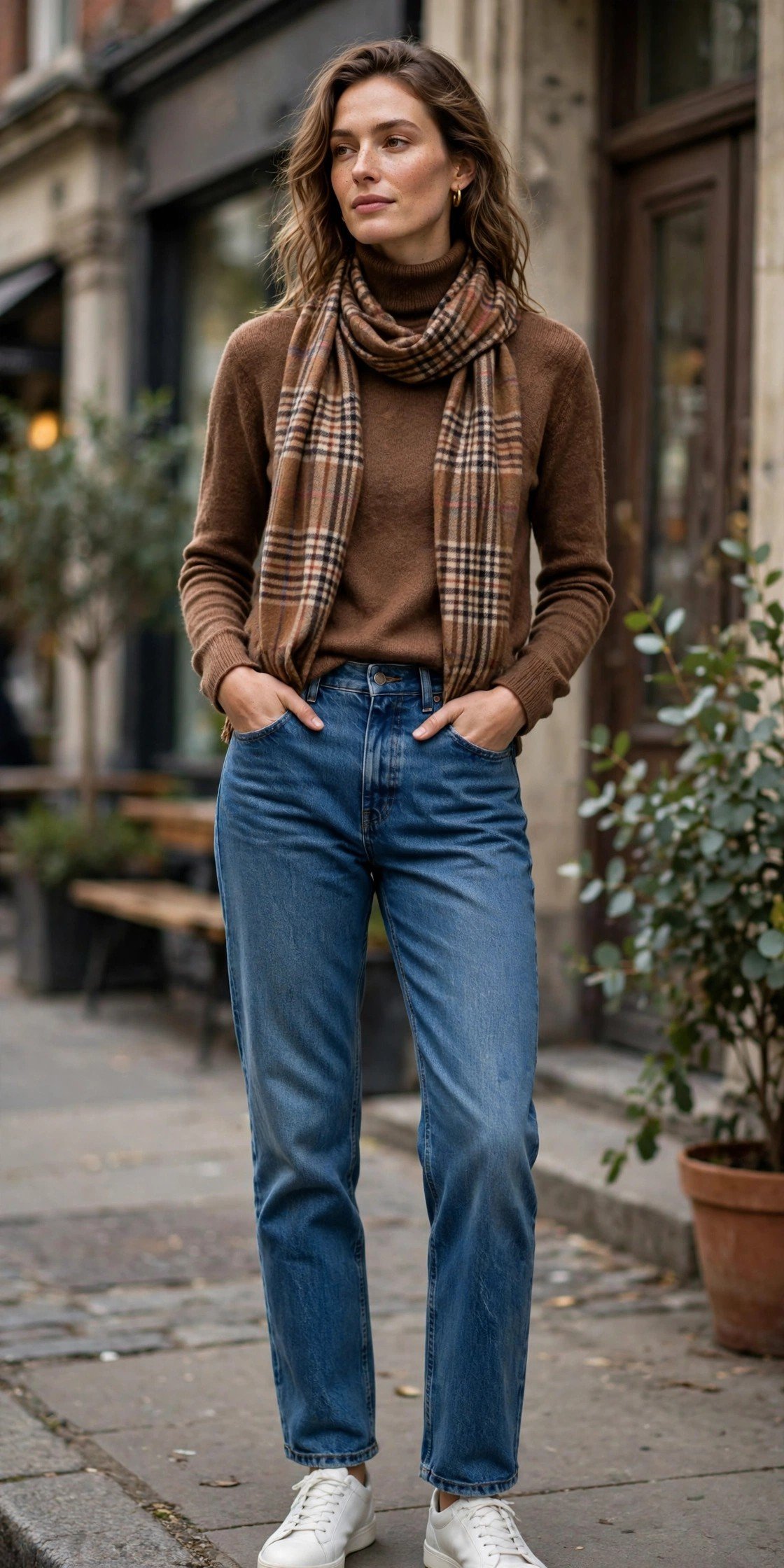 Brown turtleneck with plaid scarf and jeans