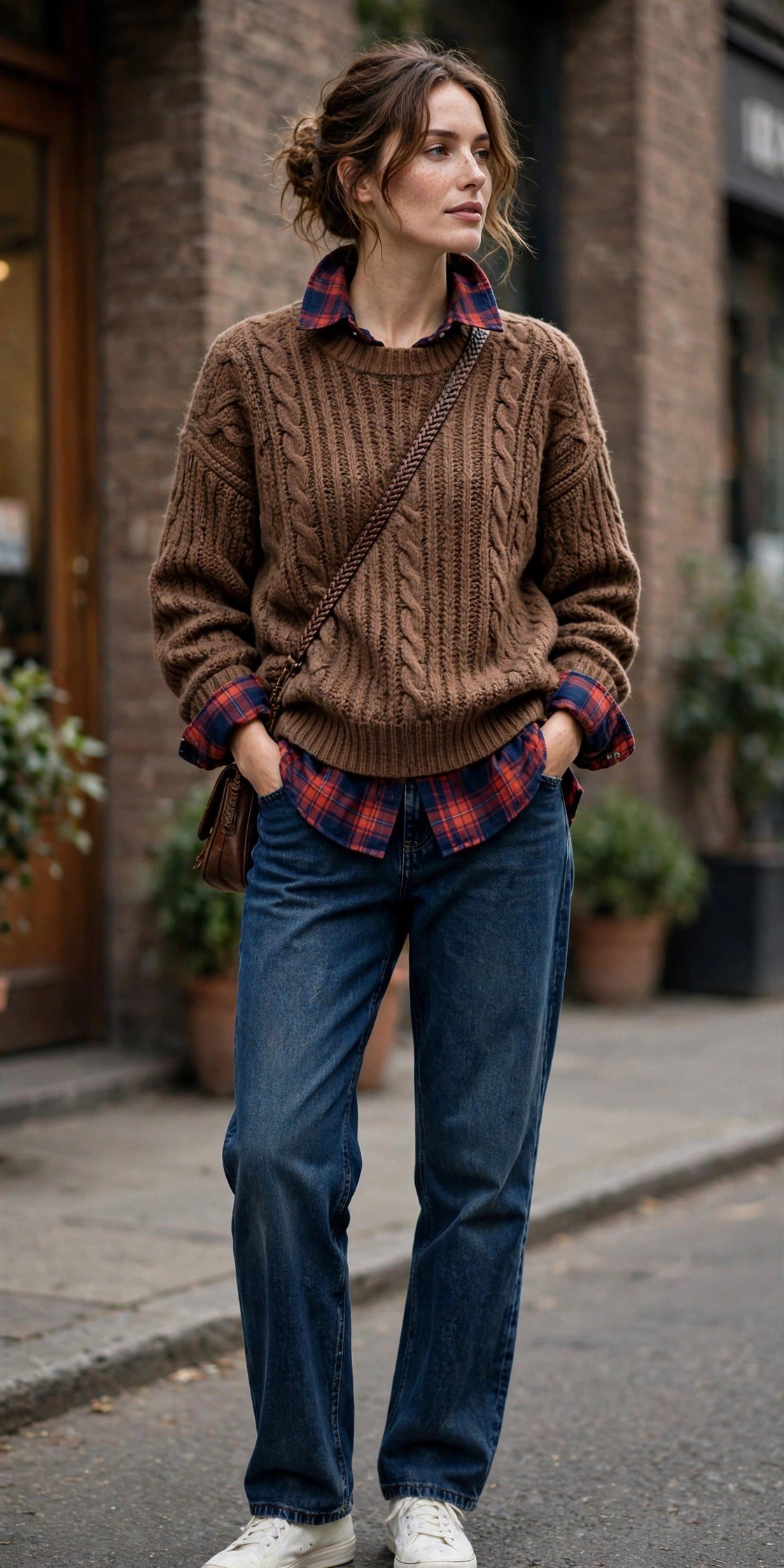 Brown sweater layered over a flannel shirt with jeans
