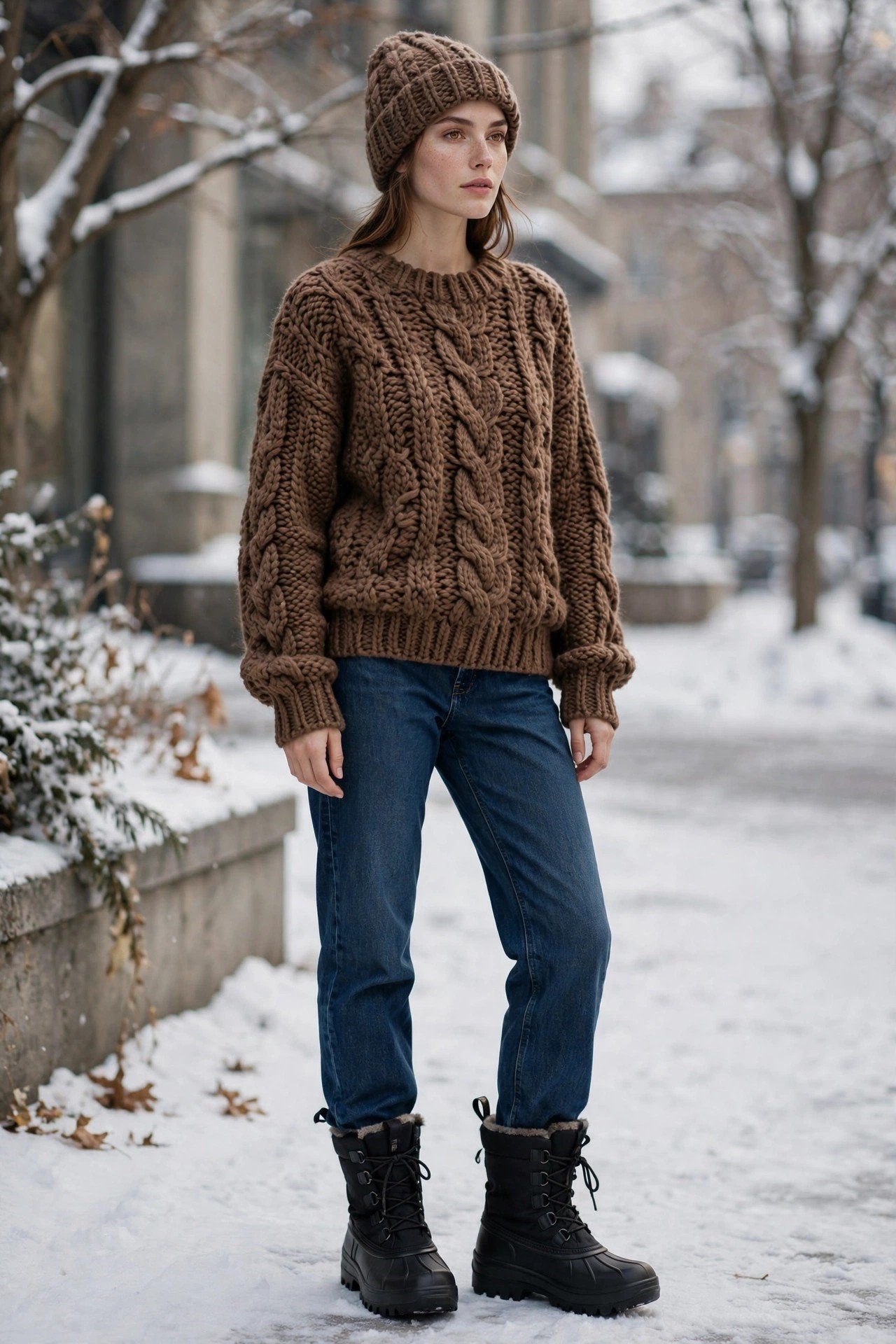 Chunky brown knit with beanie, jeans and snow boots