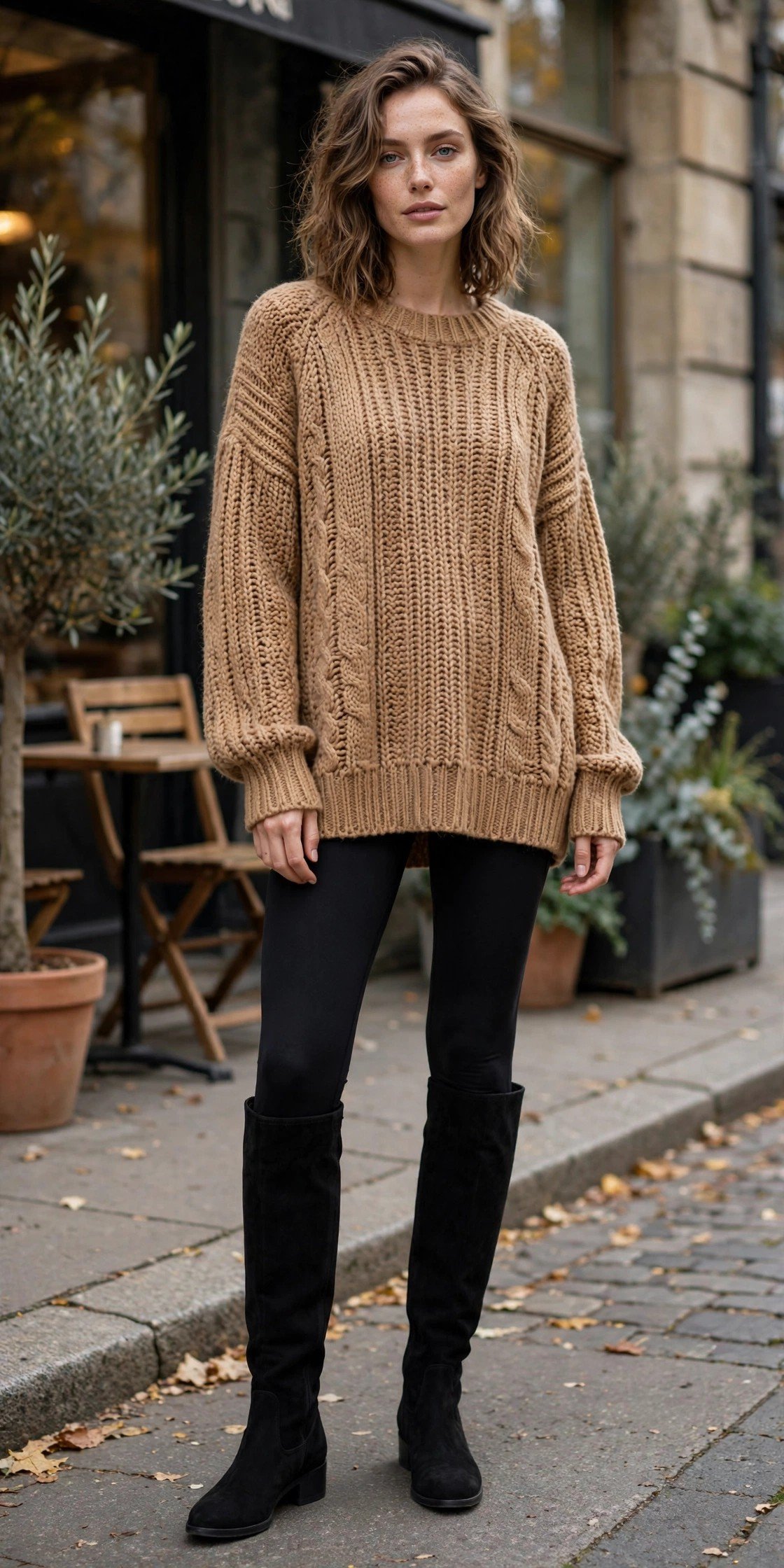 Camel oversized sweater with leggings and knee boots