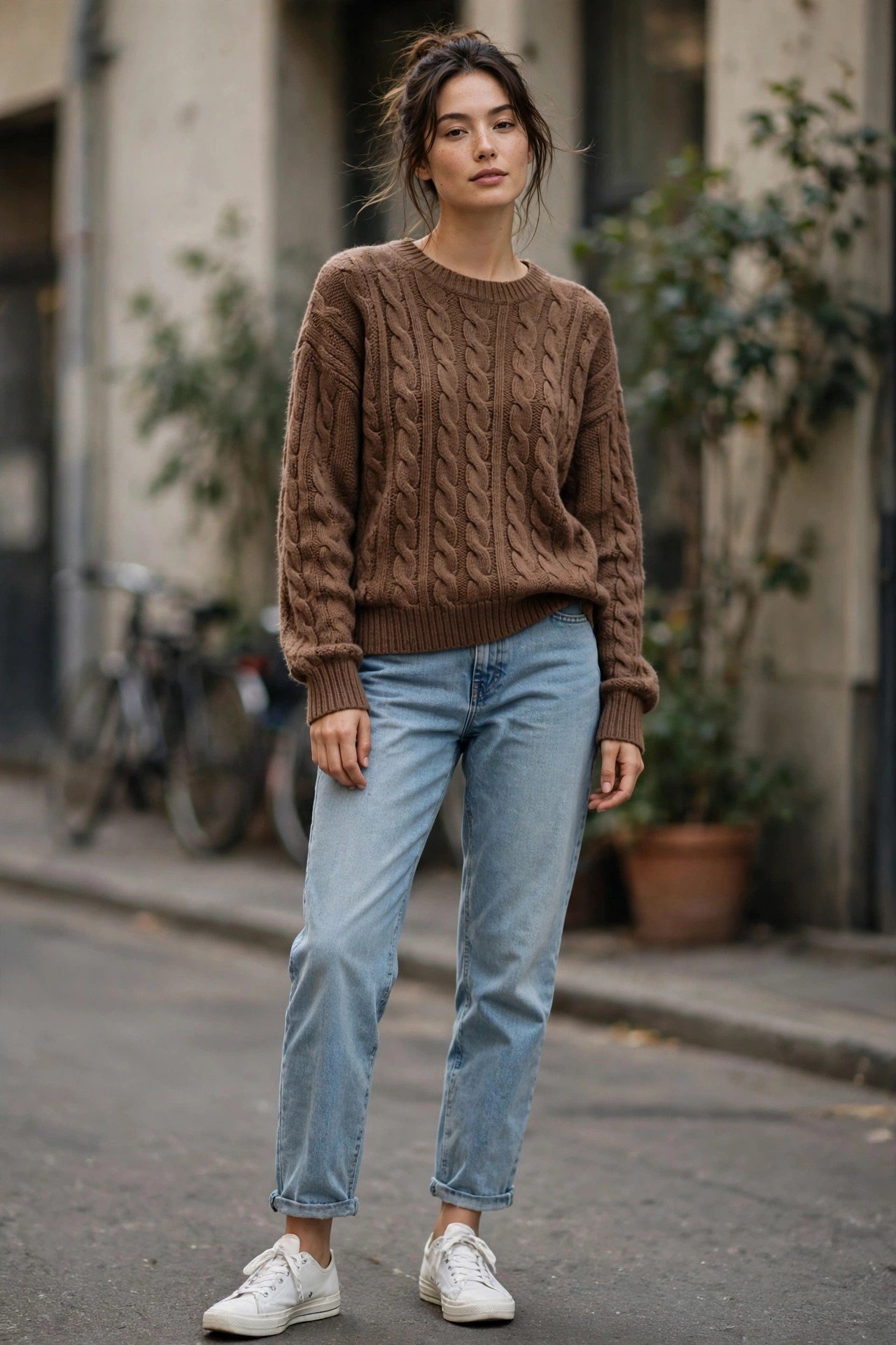 Brown sweater with boyfriend jeans and canvas sneakers