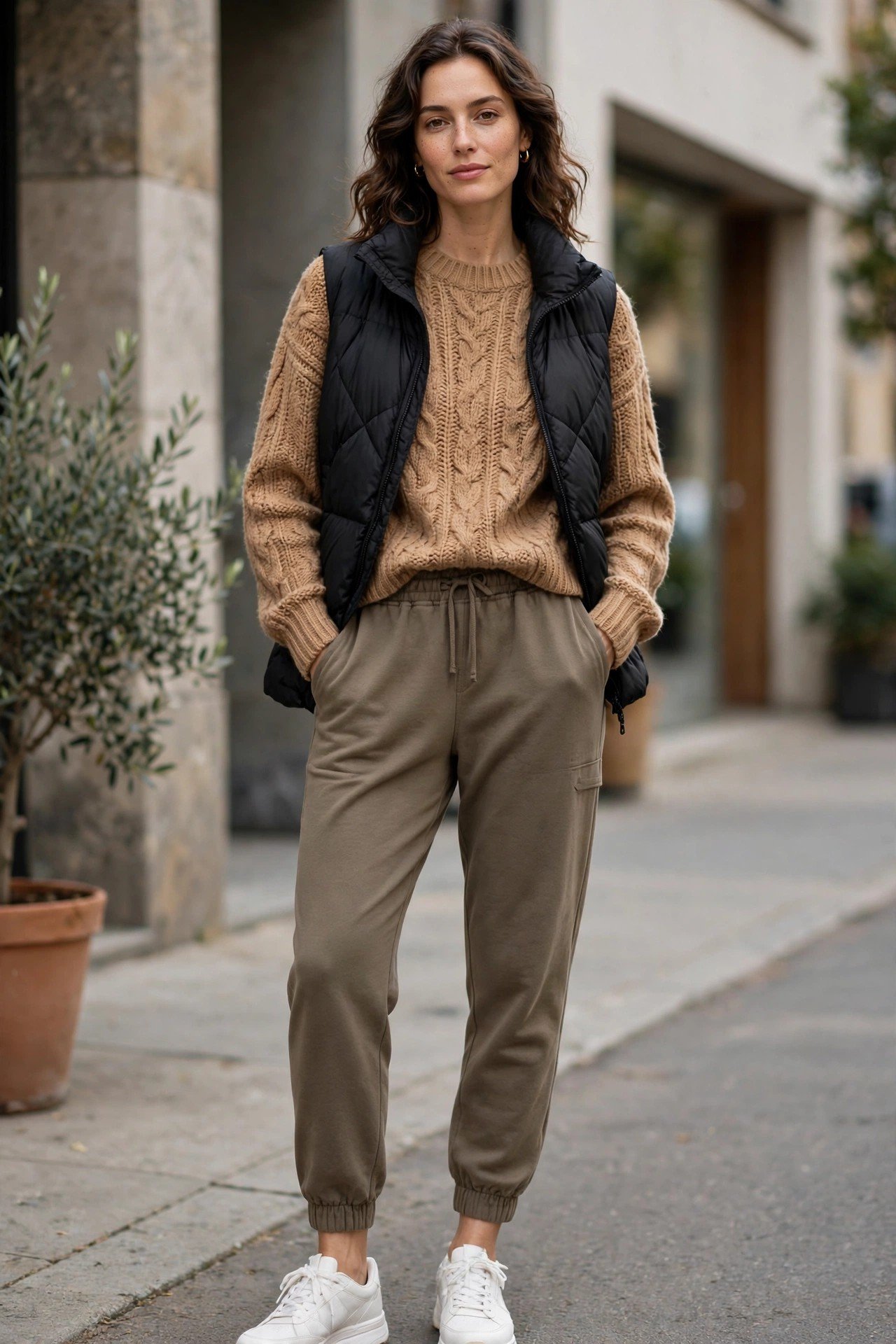 Camel knit sweater with joggers and puffer vest