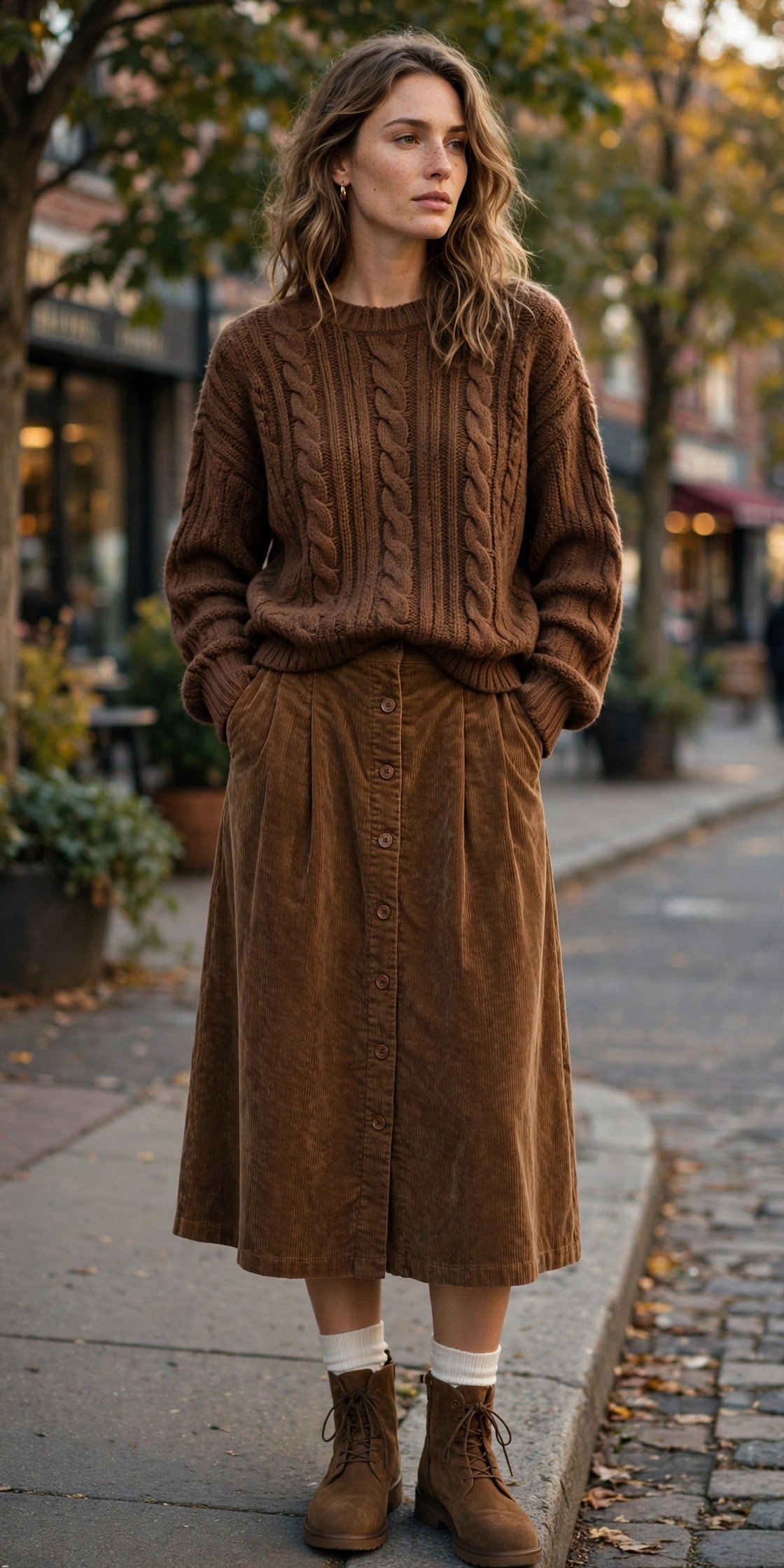 Brown sweater with corduroy skirt and tights