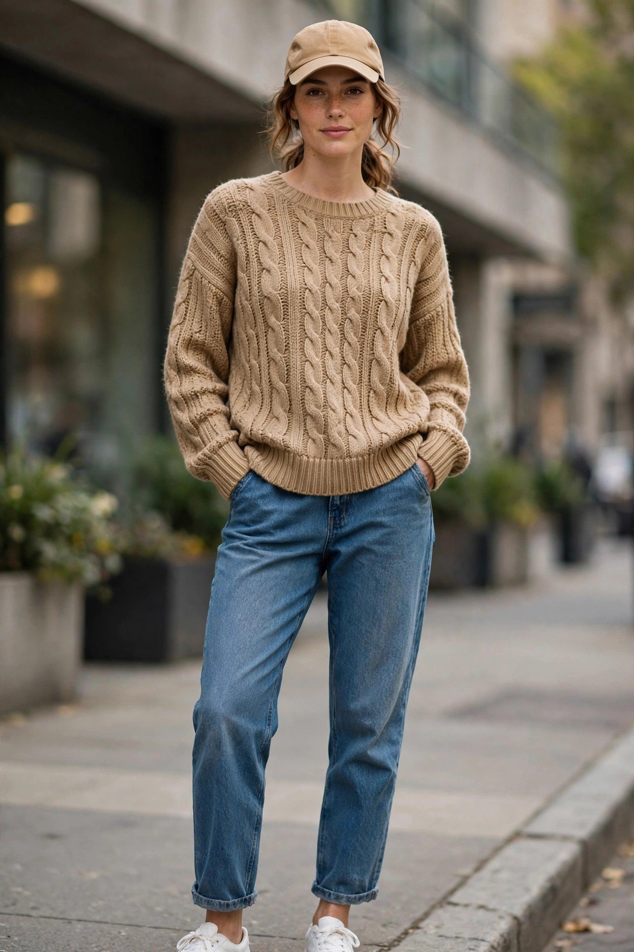 Tan sweater with relaxed jeans and baseball cap