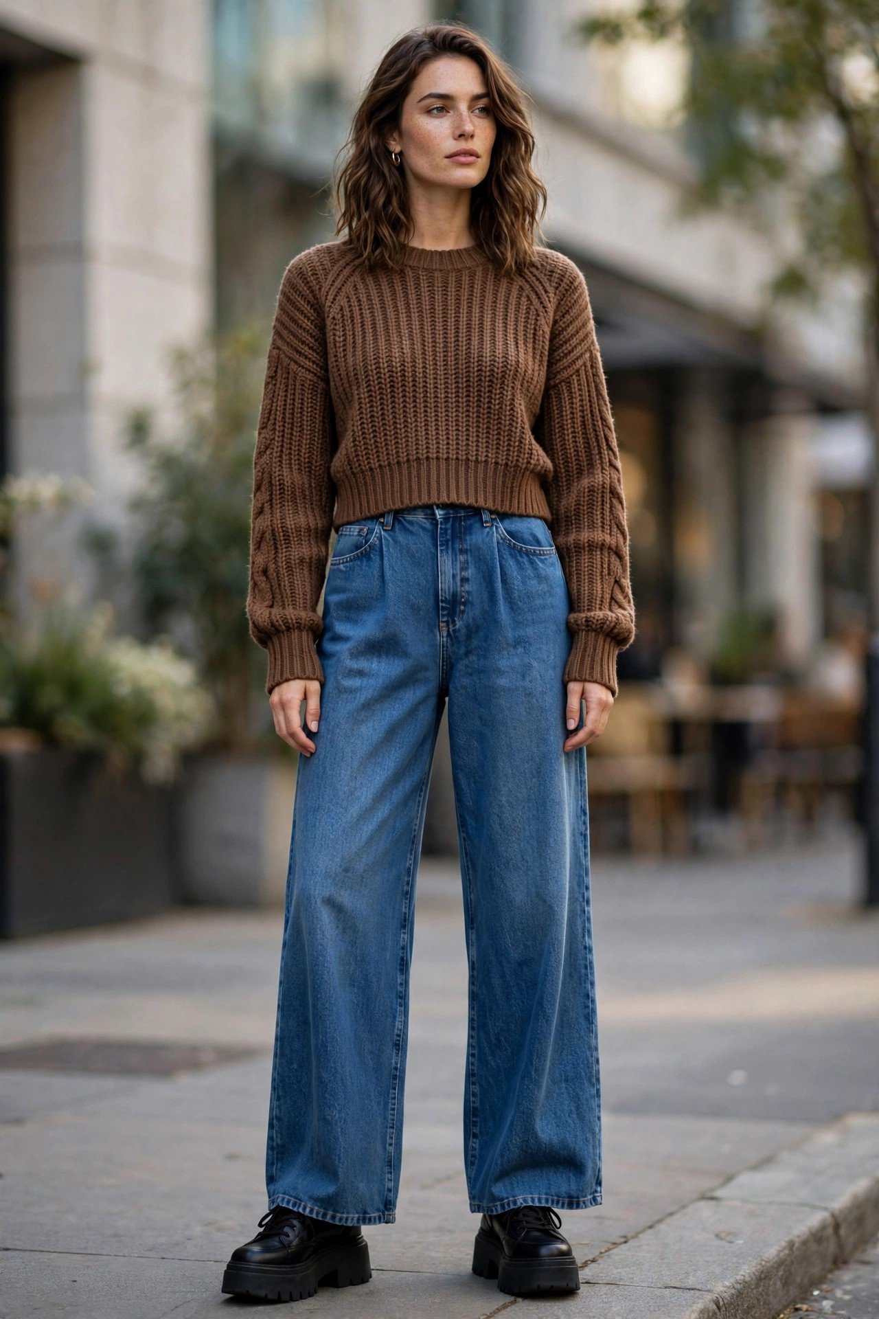 Cropped brown sweater with wide-leg jeans and platform sneakers