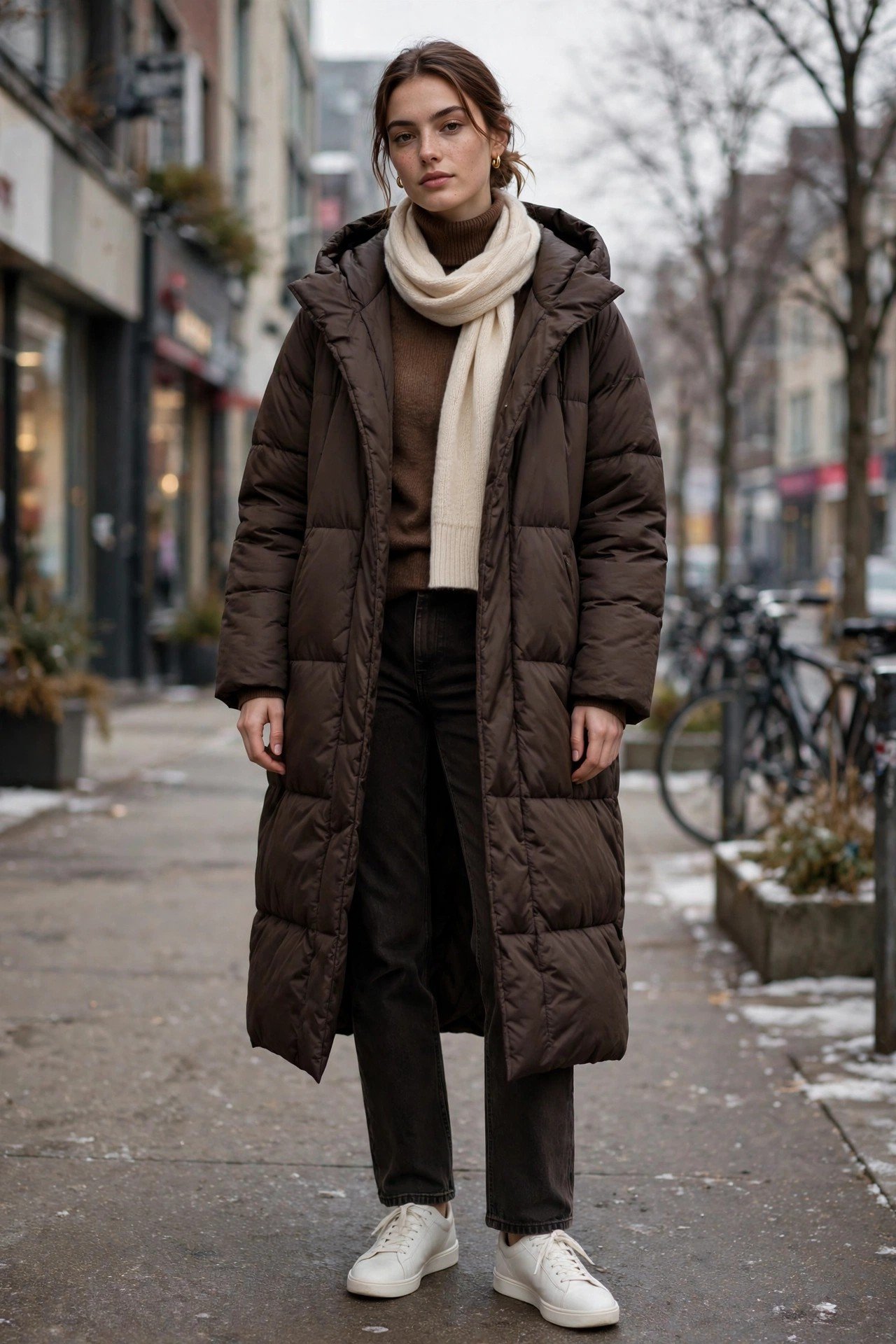 Brown turtleneck with cream scarf and puffer coat