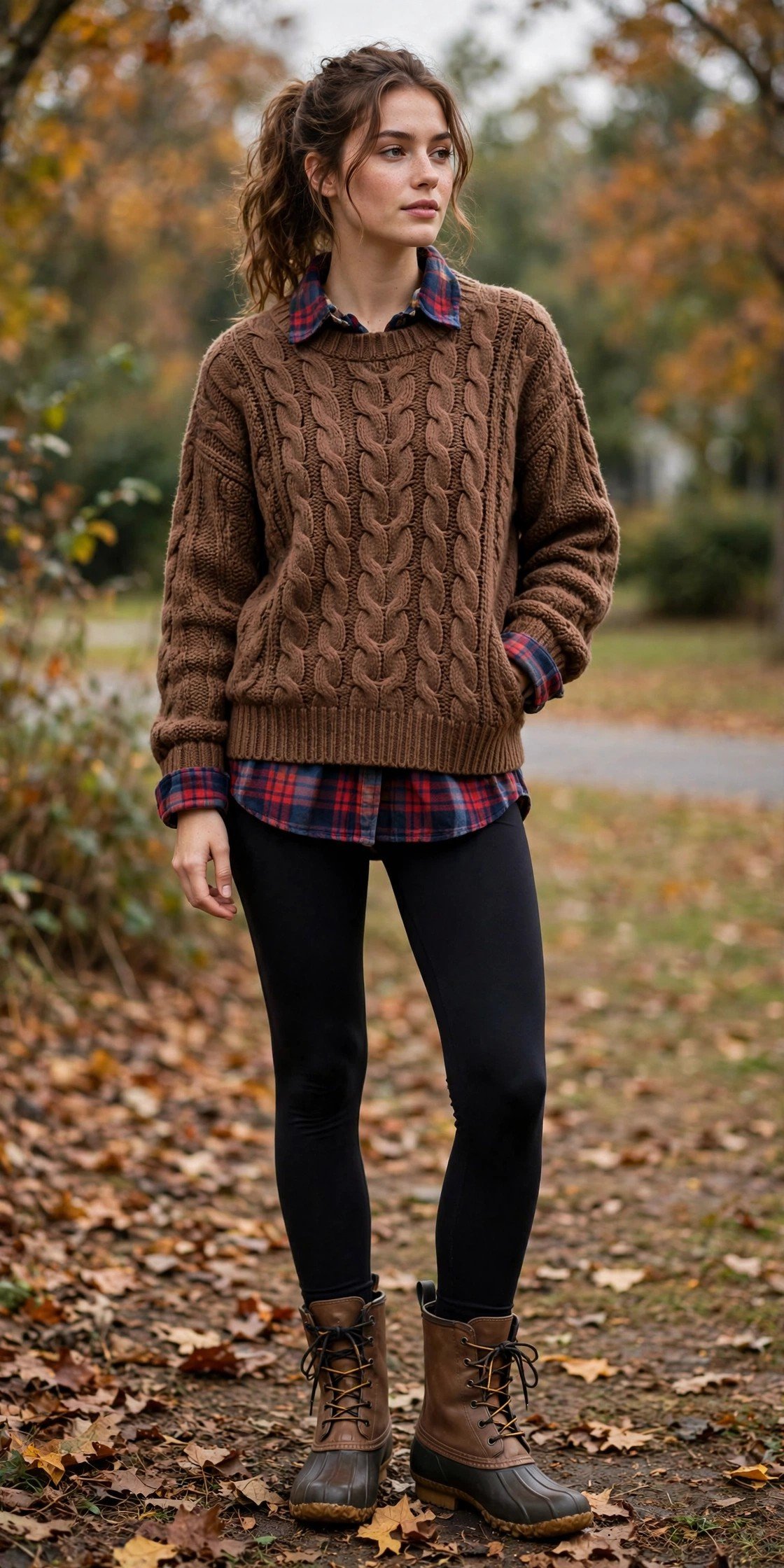 Brown sweater over flannel with leggings and duck boots