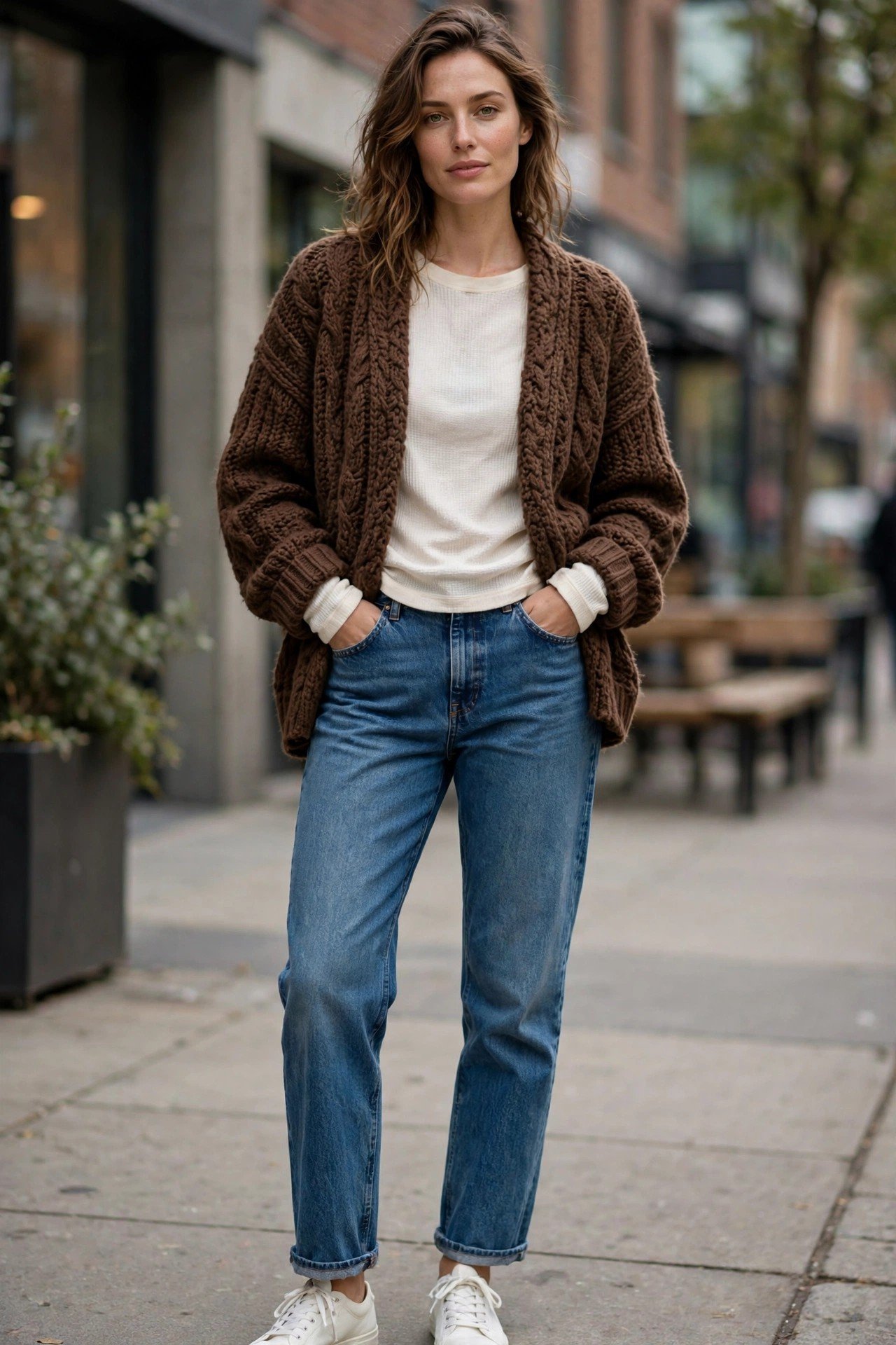 Chunky brown cardigan with thermal top, jeans and beanie