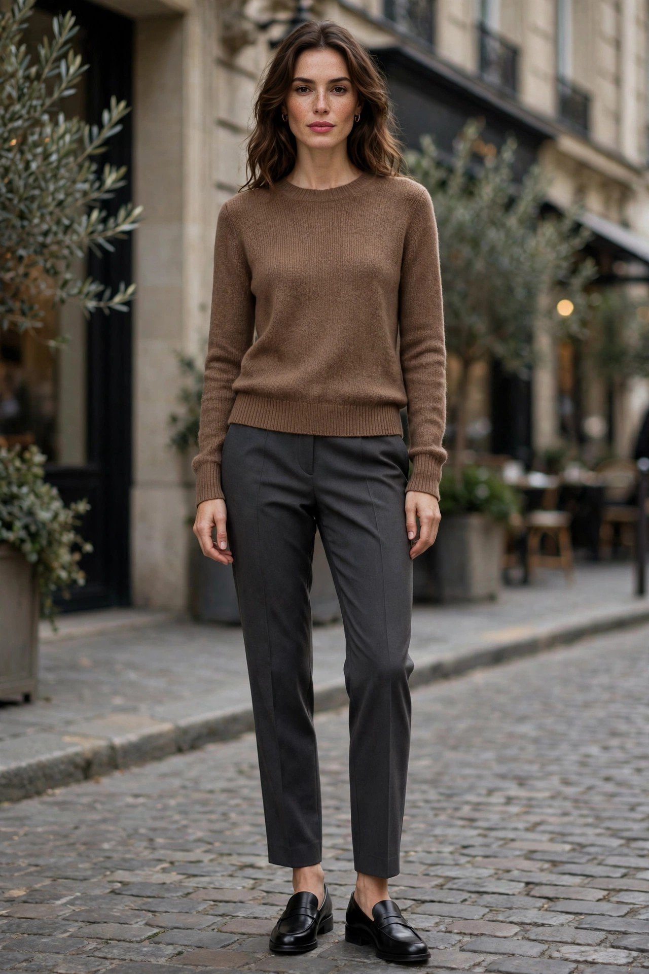 Mocha fine-knit sweater with charcoal tailored trousers