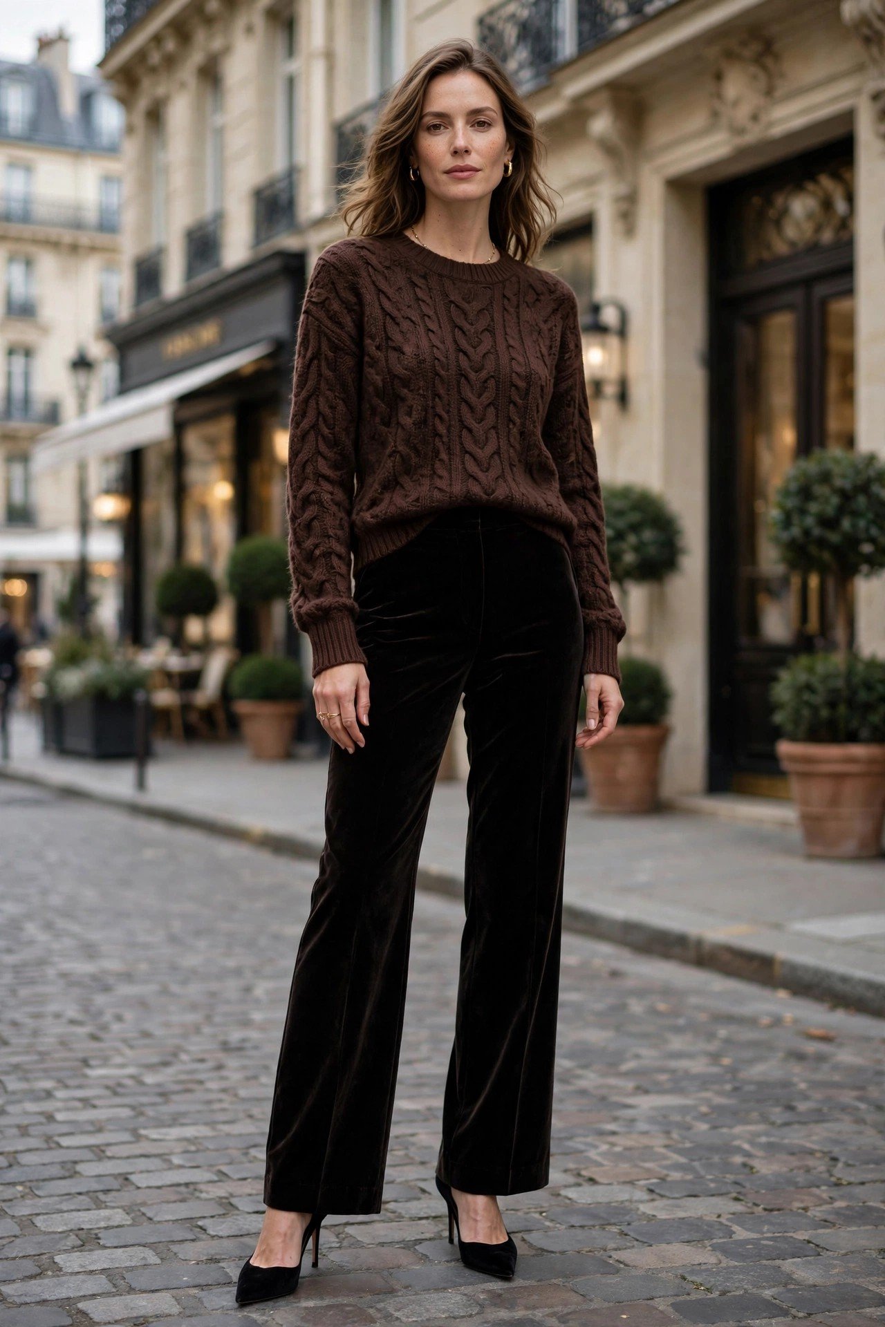 Chocolate knit sweater with black velvet trousers