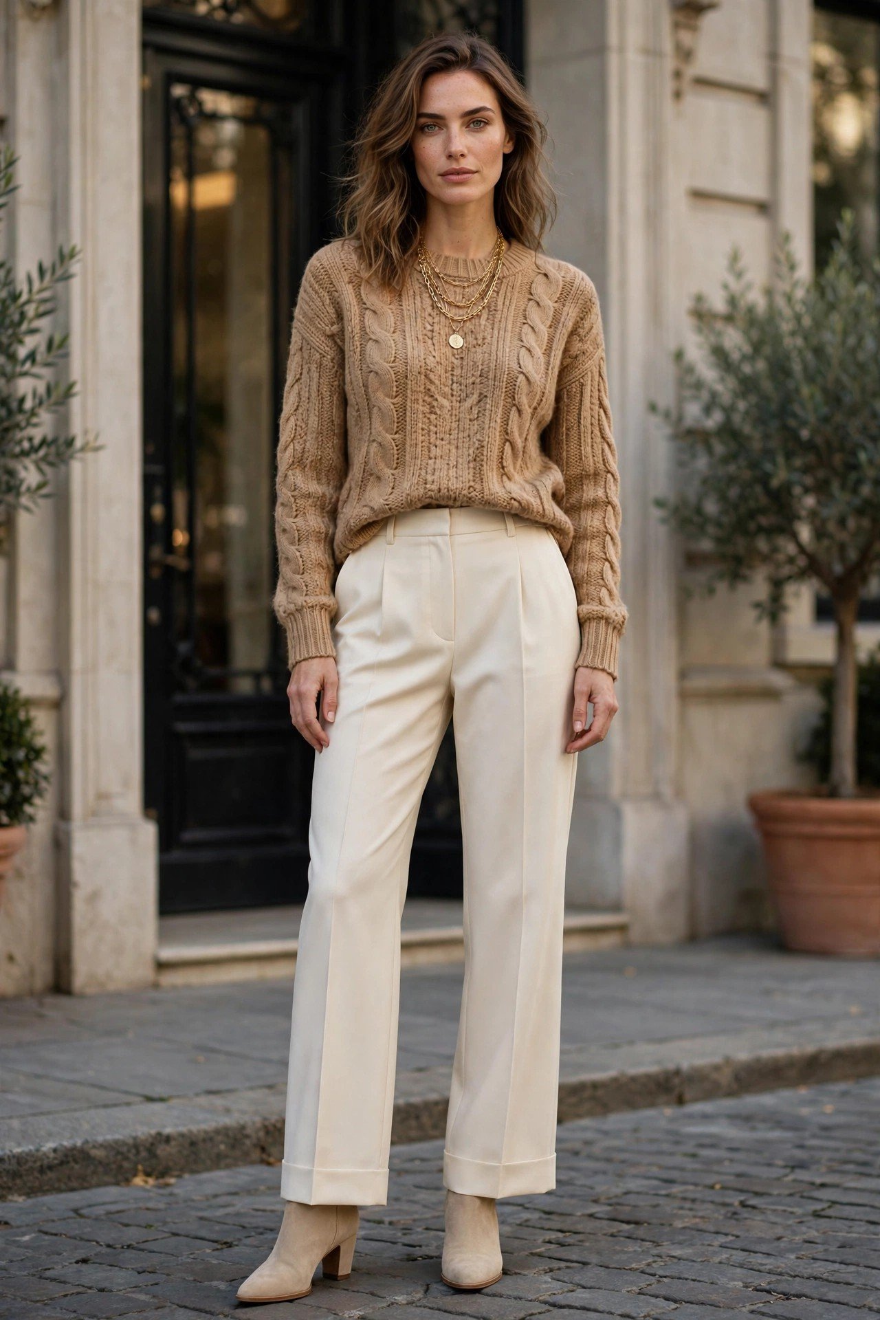 Tan sweater with layered gold necklaces and cream trousers