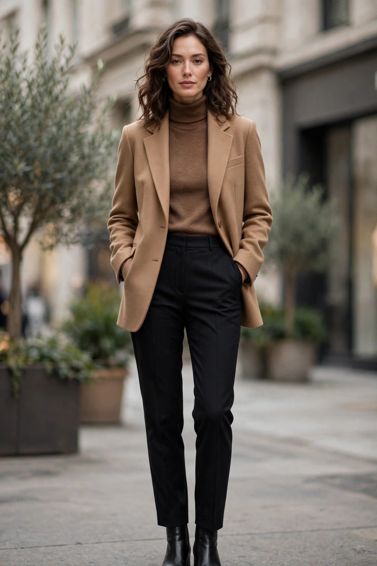 Camel blazer with brown turtleneck and tailored pants