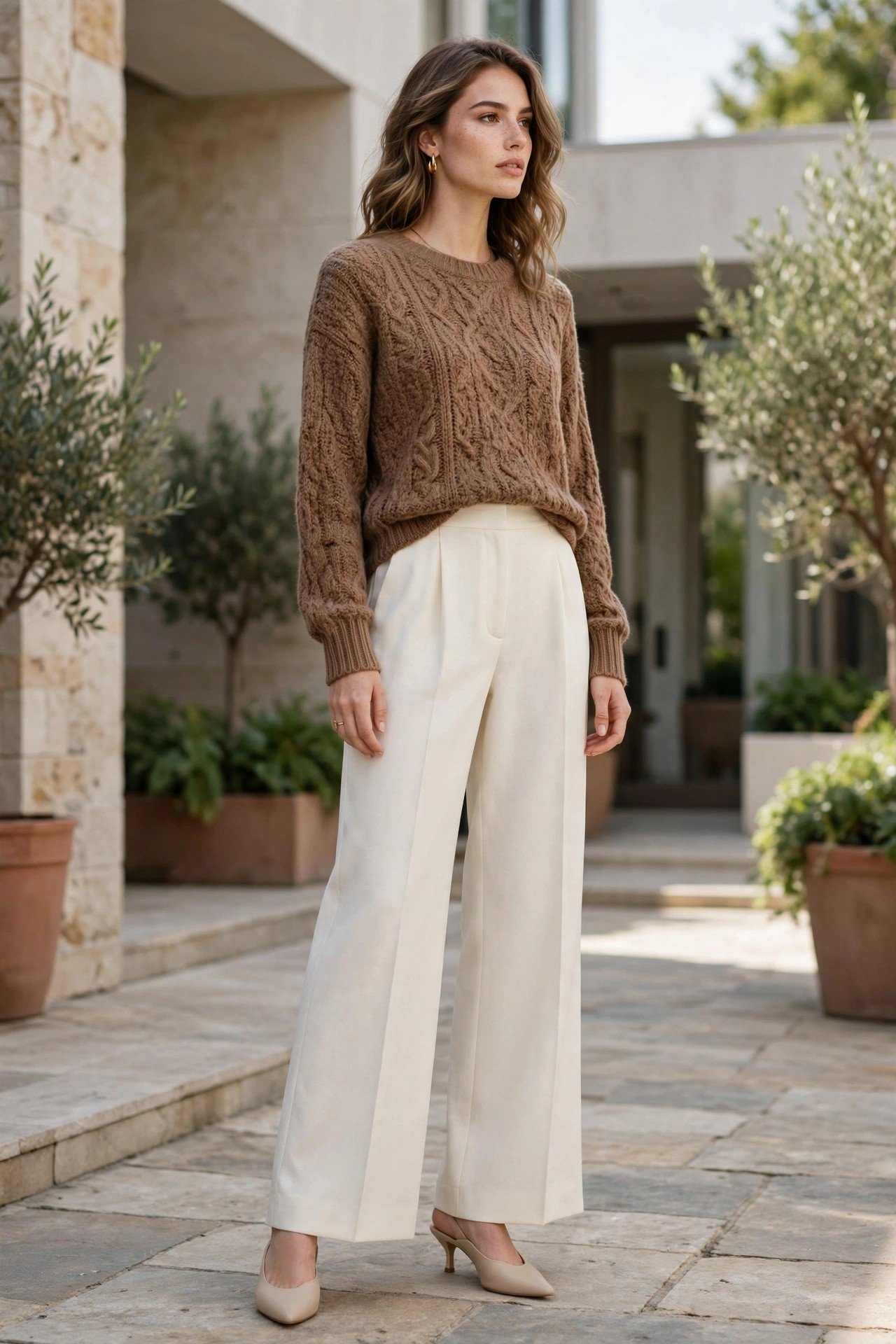 Mocha sweater with ivory wide-leg pants