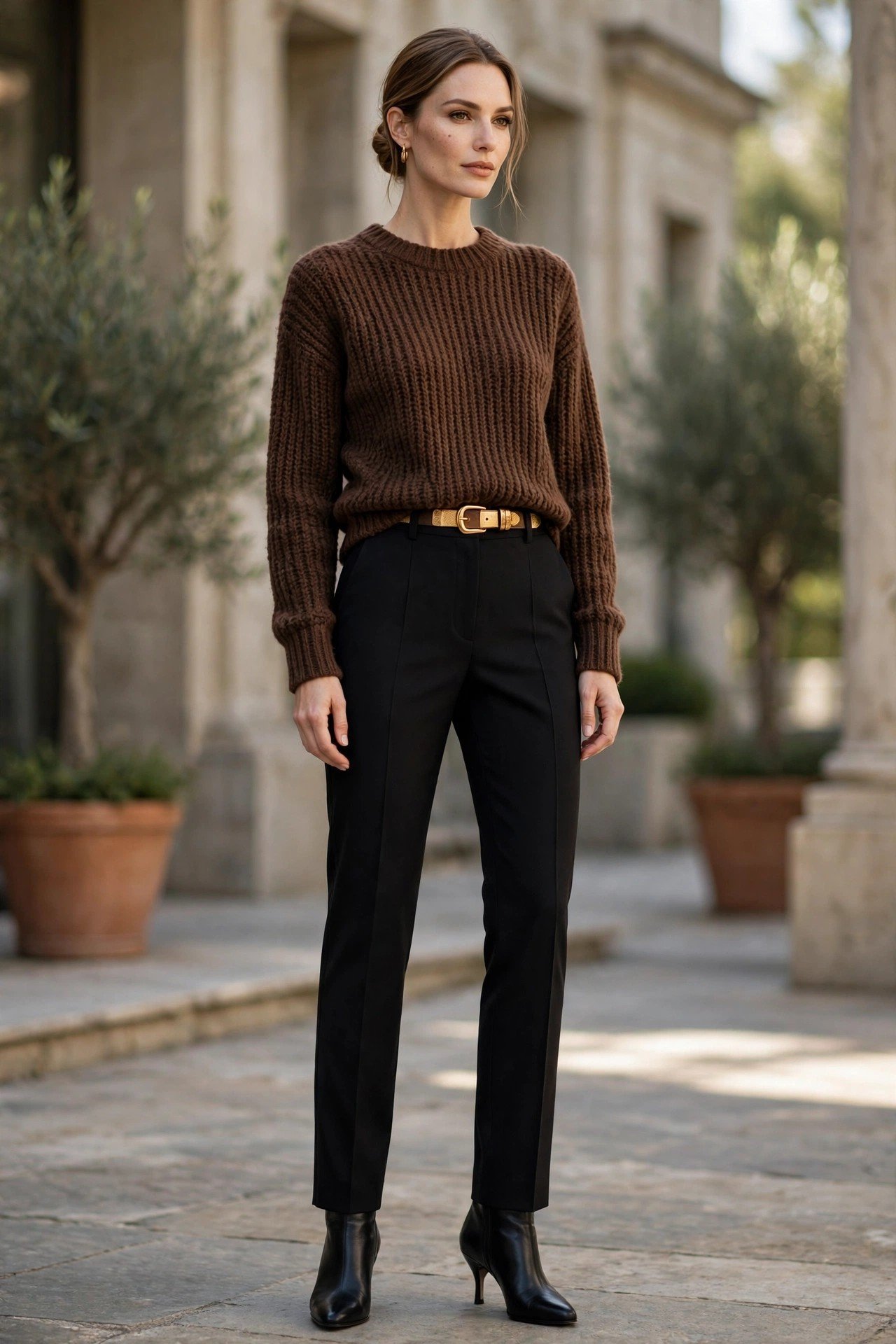 Espresso sweater with black trousers and gold belt