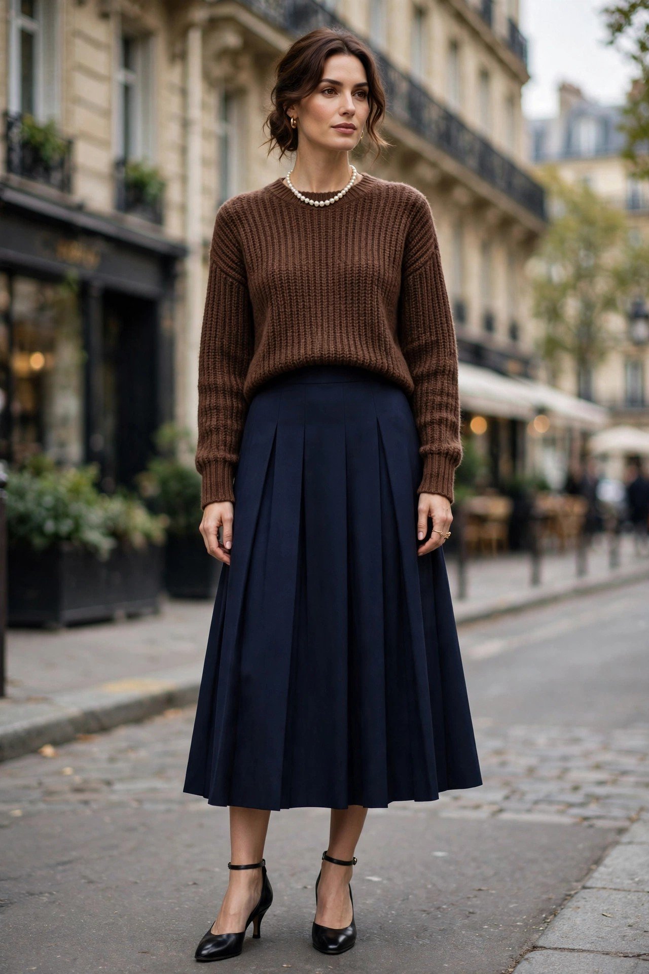 Brown sweater with pearl necklace and navy midi skirt