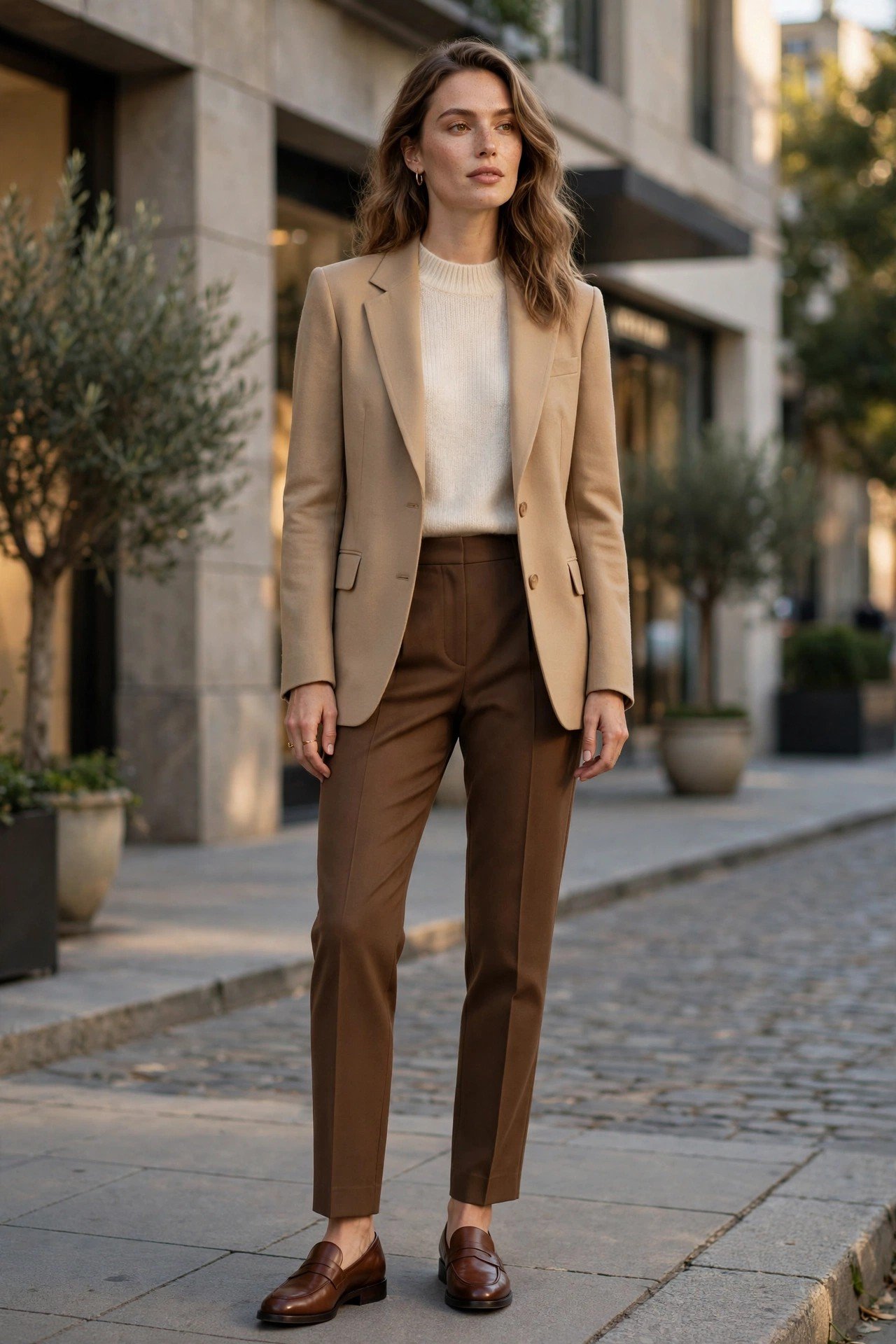 Tan blazer with cream sweater and brown trousers