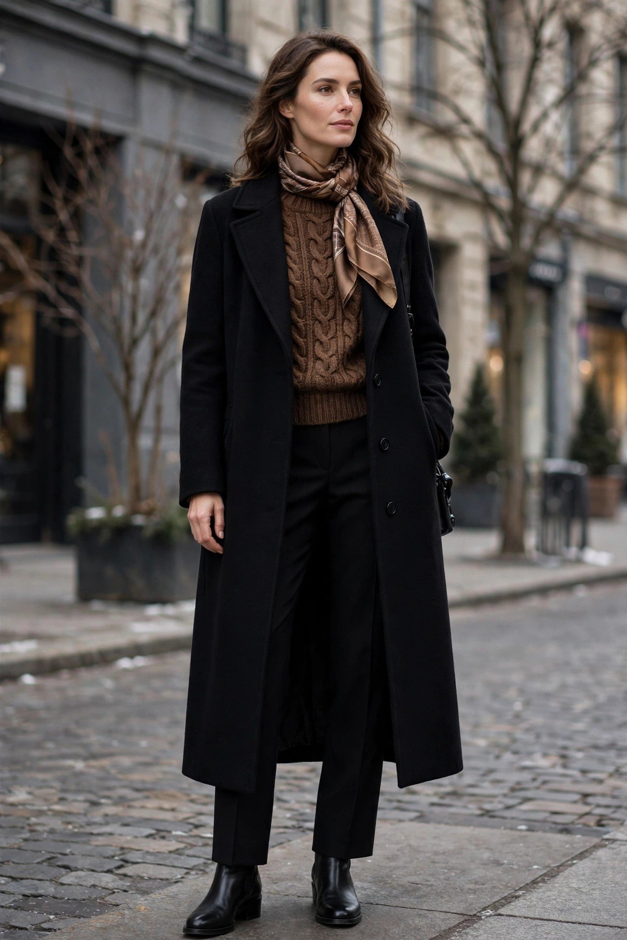 Brown sweater with long black coat and silk scarf