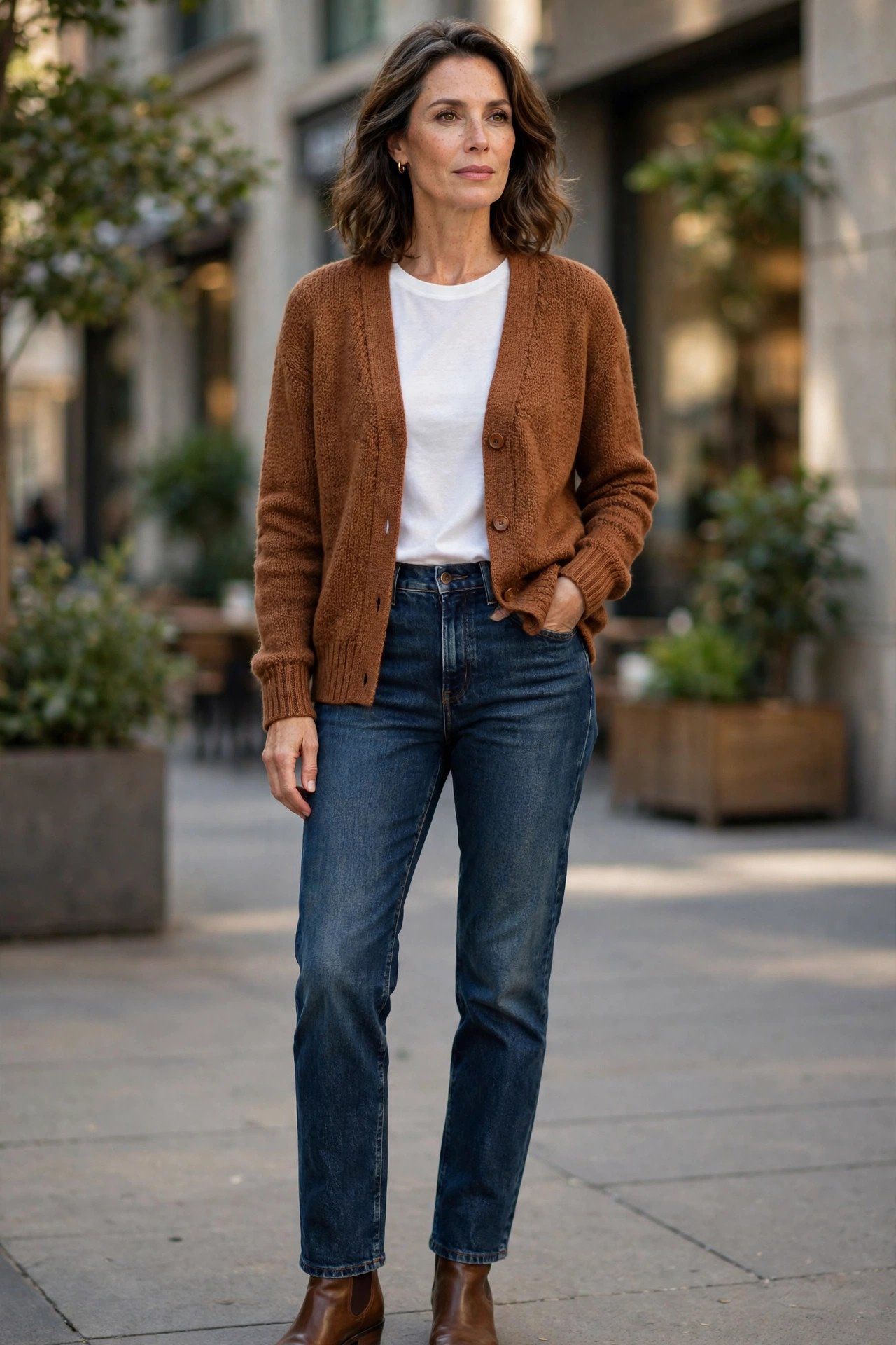 Woman in a cognac cardigan with dark-wash jeans