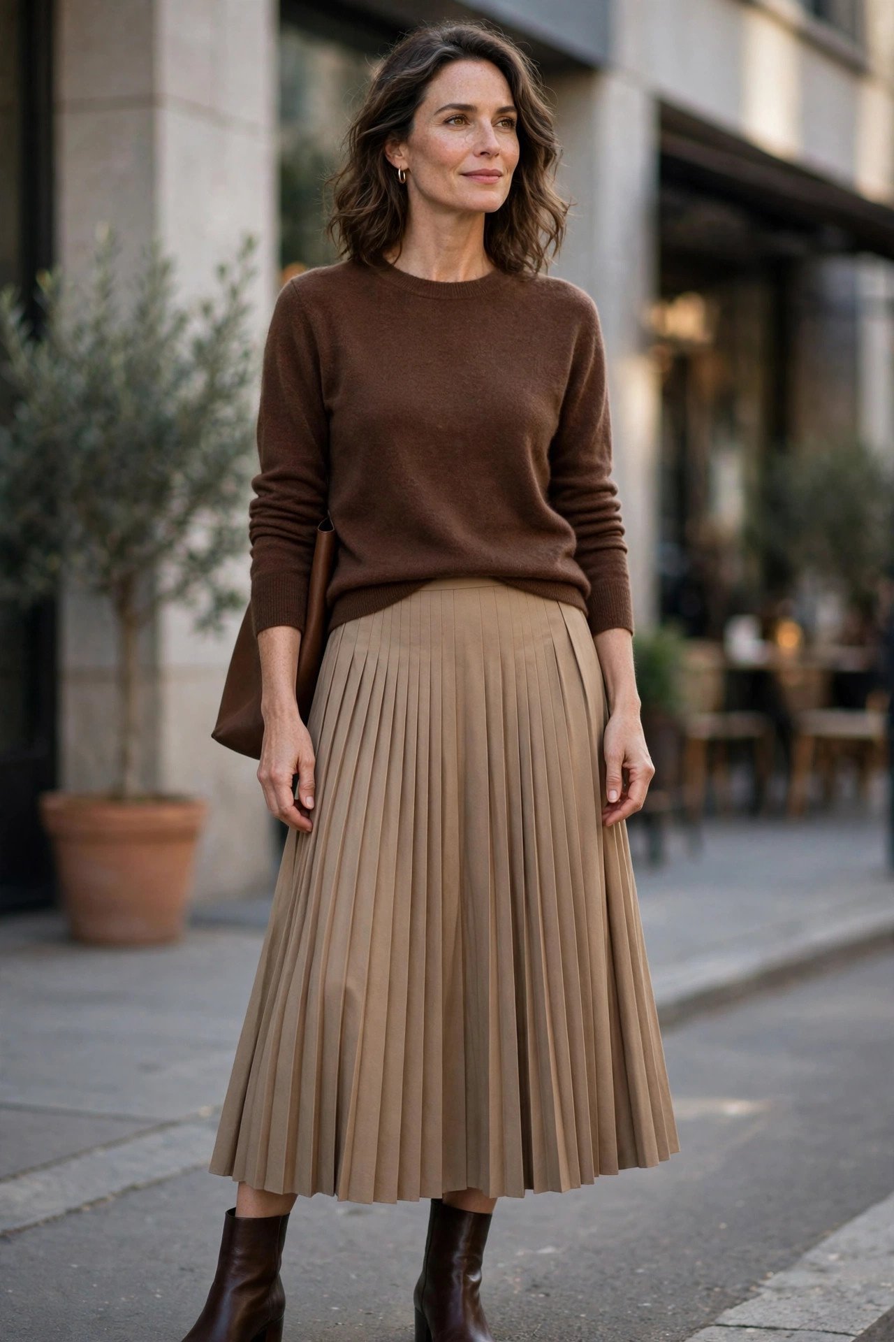 Woman wearing a brown cashmere sweater with a pleated skirt