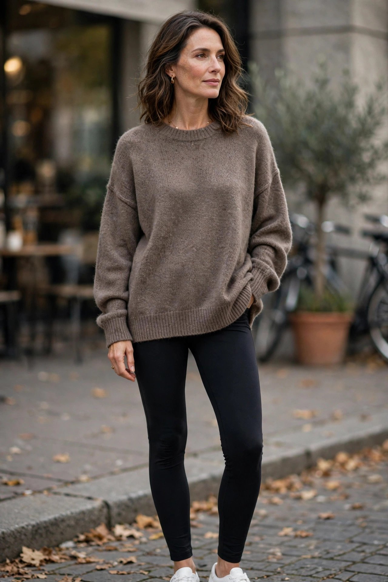 Woman in an oversized taupe sweater with black leggings