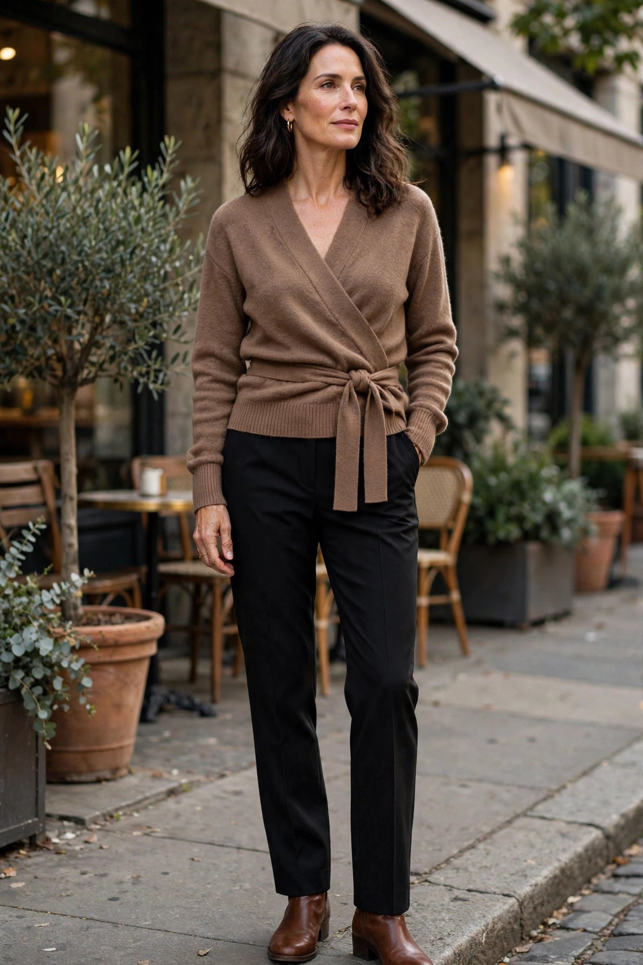 Woman wearing a mocha wrap sweater with black trousers