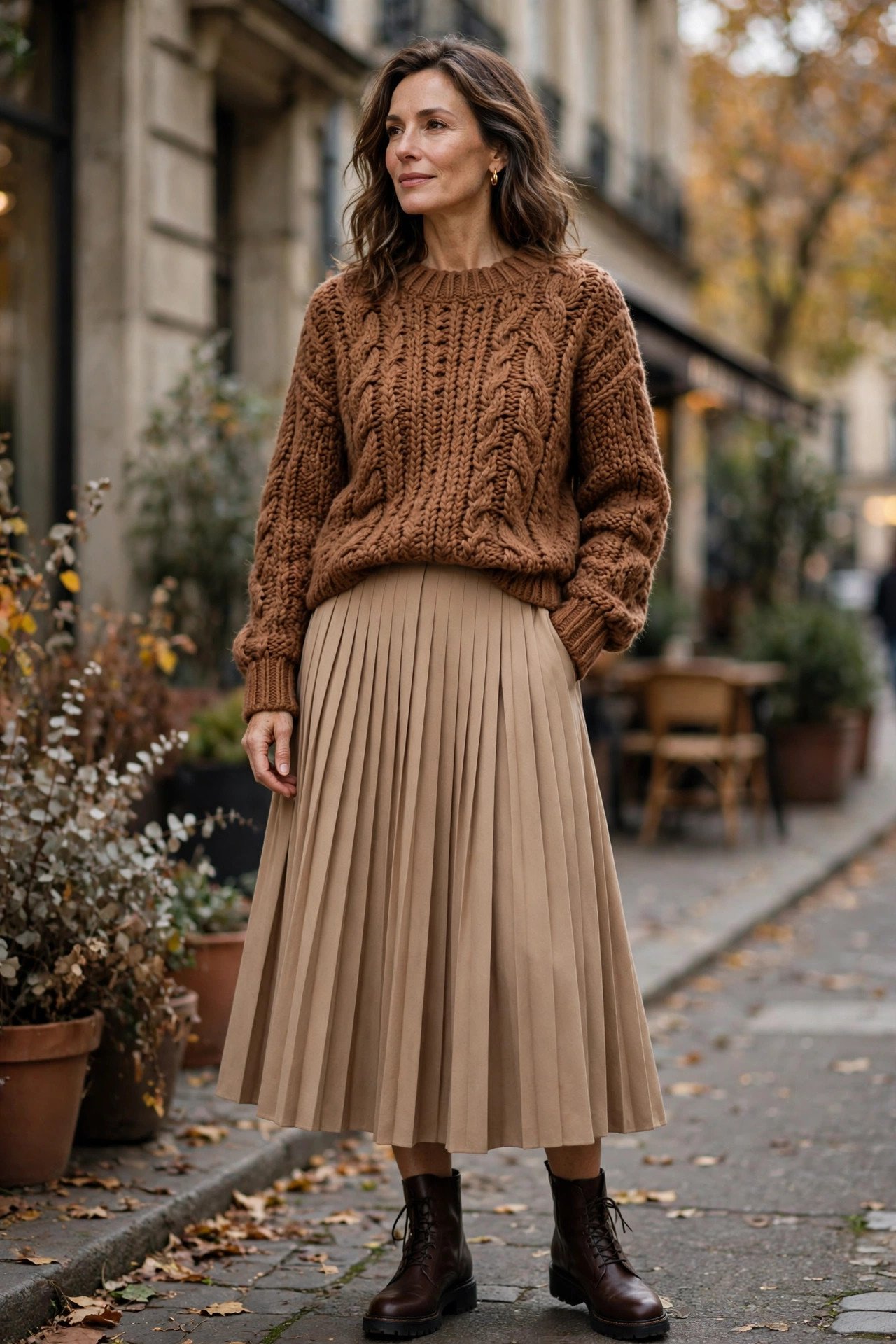 Woman in a cinnamon chunky knit sweater with a midi skirt