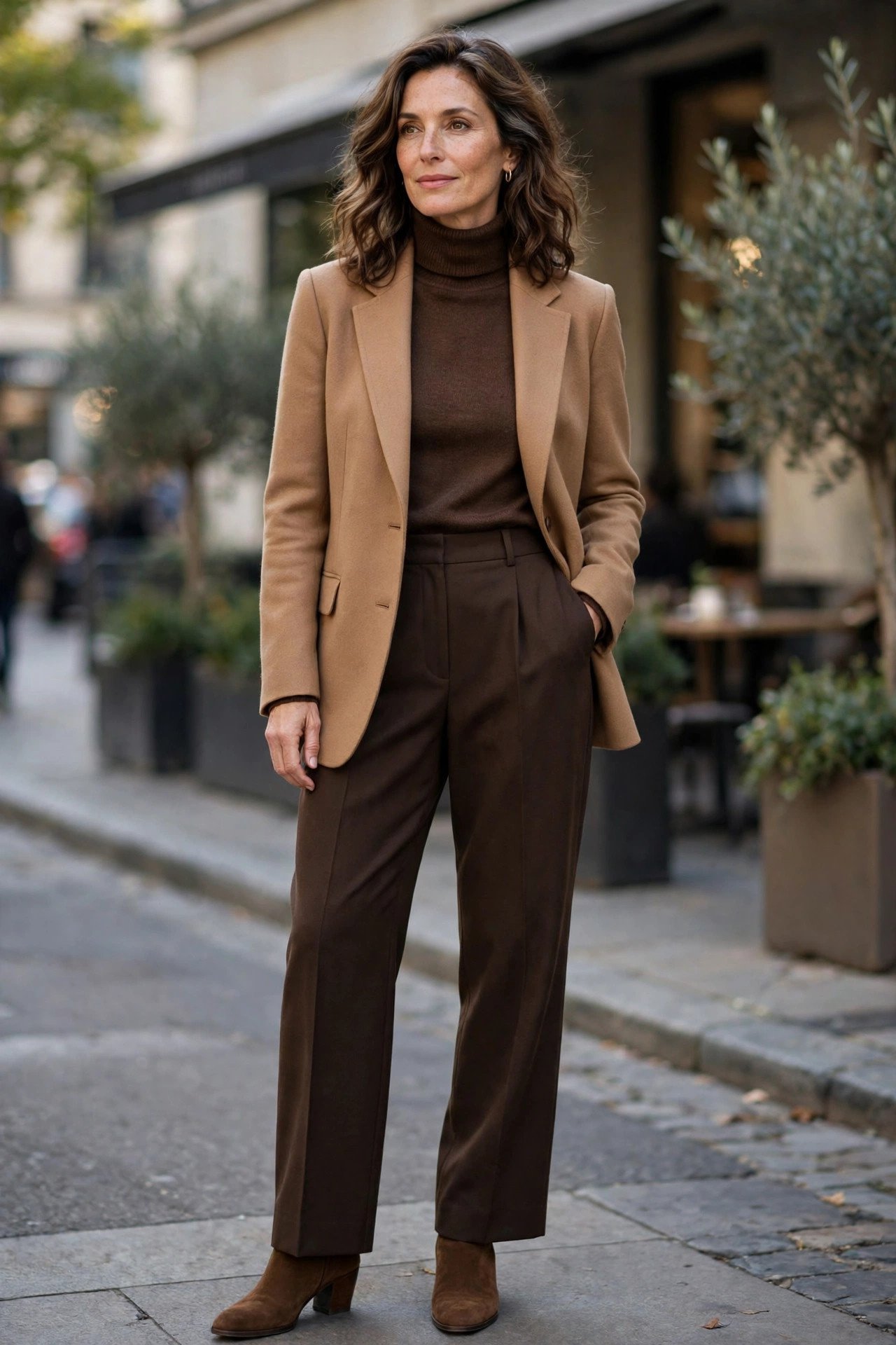 Woman wearing an espresso turtleneck under a camel blazer