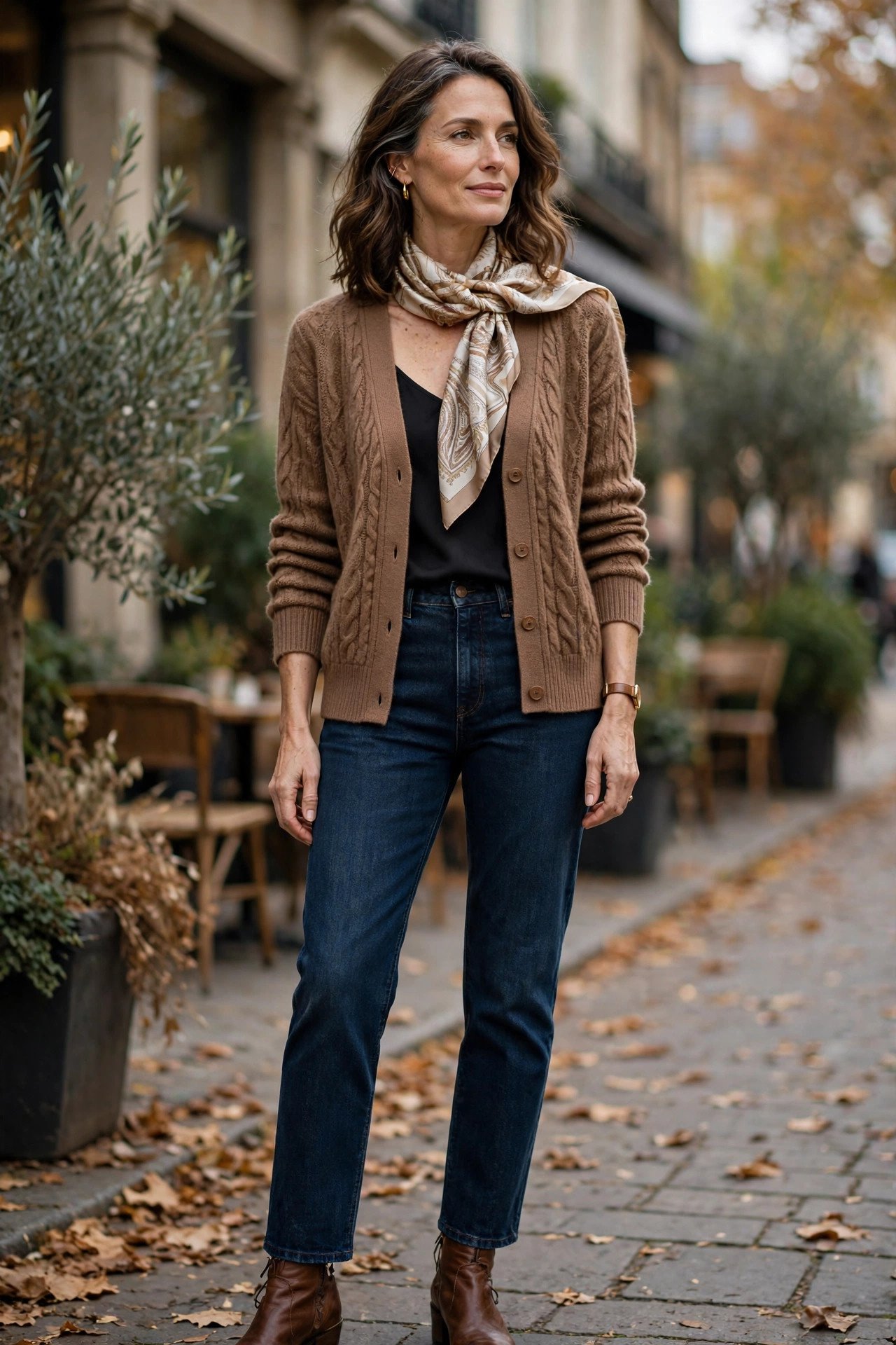 Woman wearing a hazelnut cardigan with a silk scarf