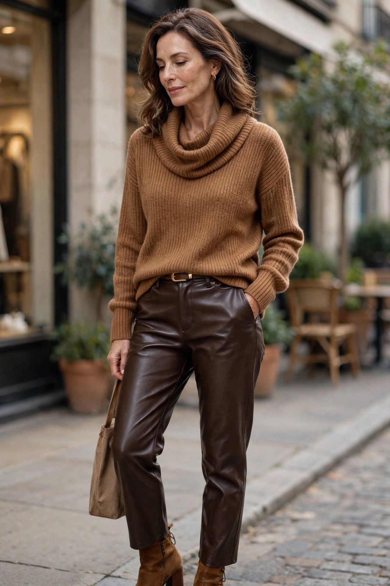 Woman wearing a caramel cowl-neck sweater with leather-look pants